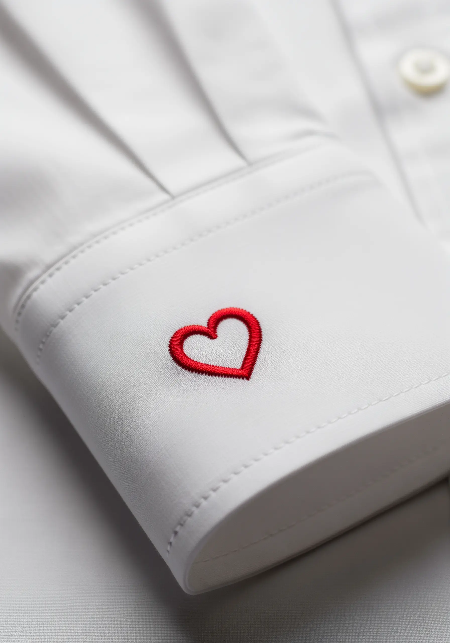 A small, vibrant red heart with a raised satin stitch on a white shirt cuff.