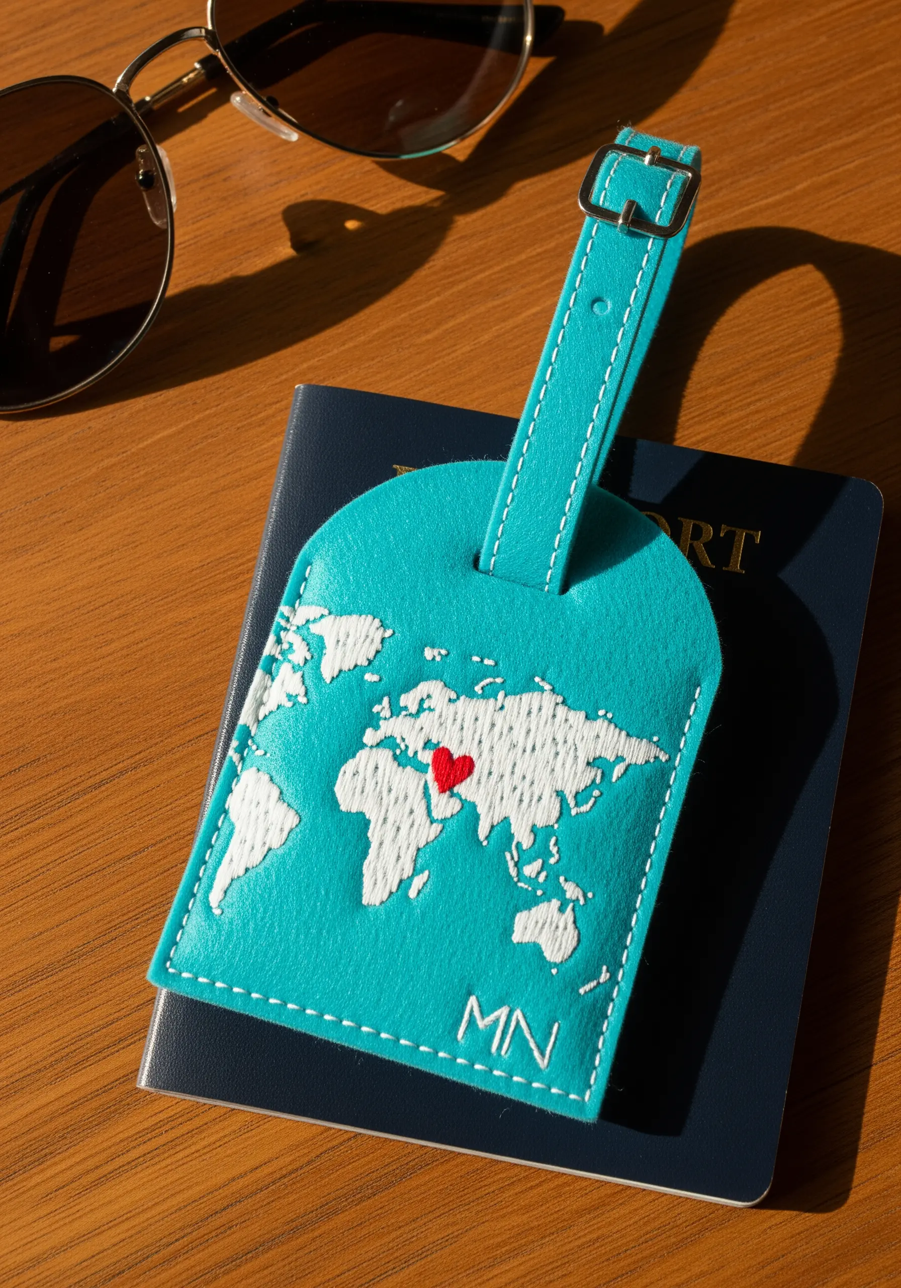 A turquoise felt luggage tag embroidered with a white world map and a tiny red heart.