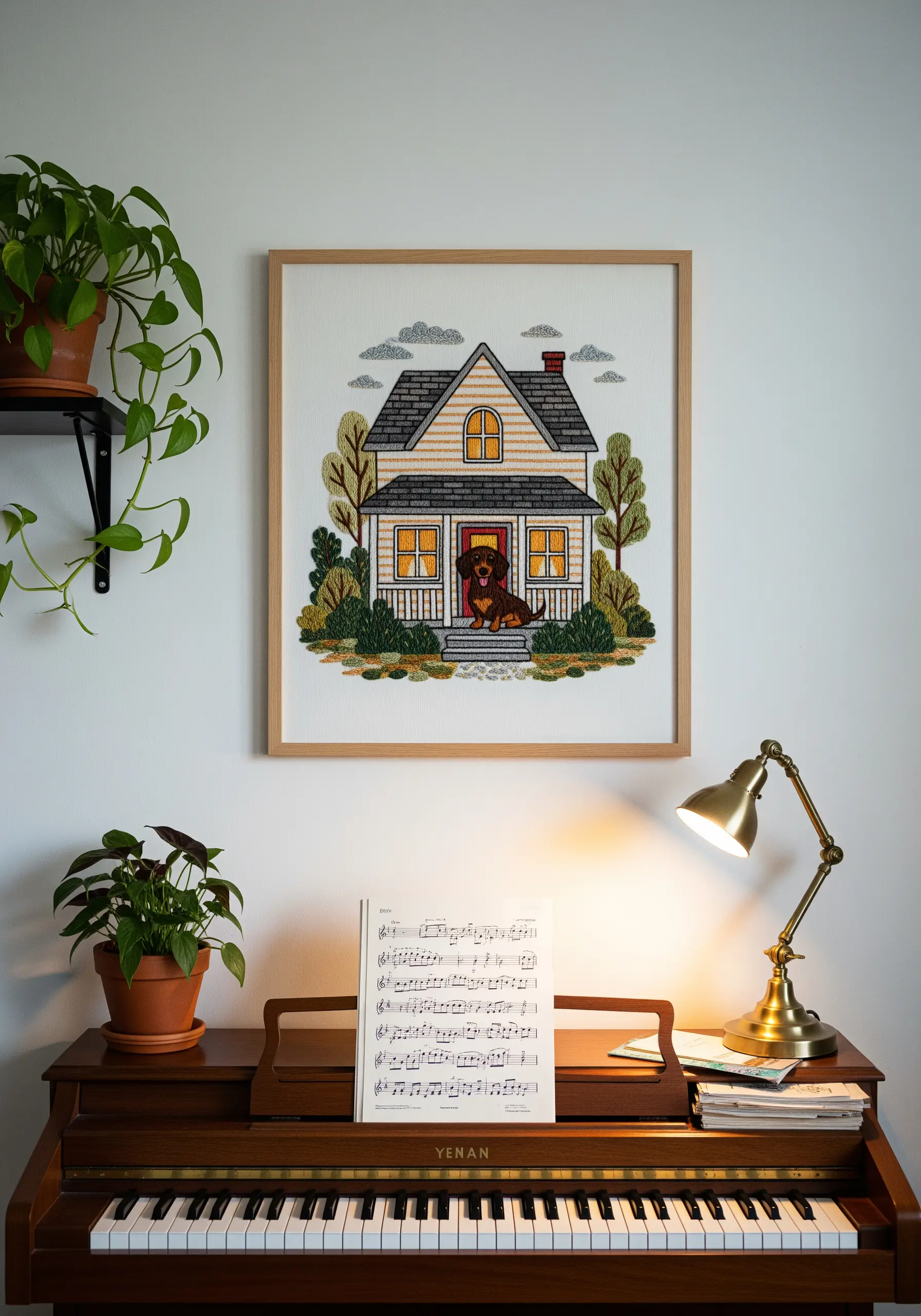 An embroidered scene of a dog sitting on the porch of a house.