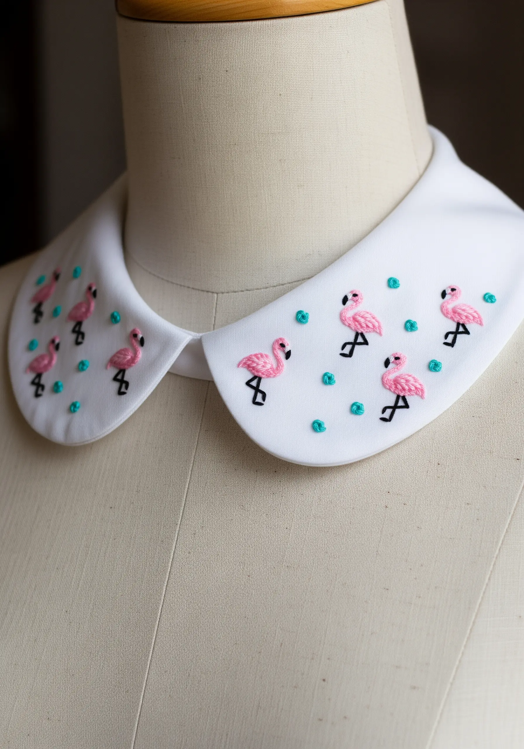 Tiny flamingo motifs embroidered on a white collar
