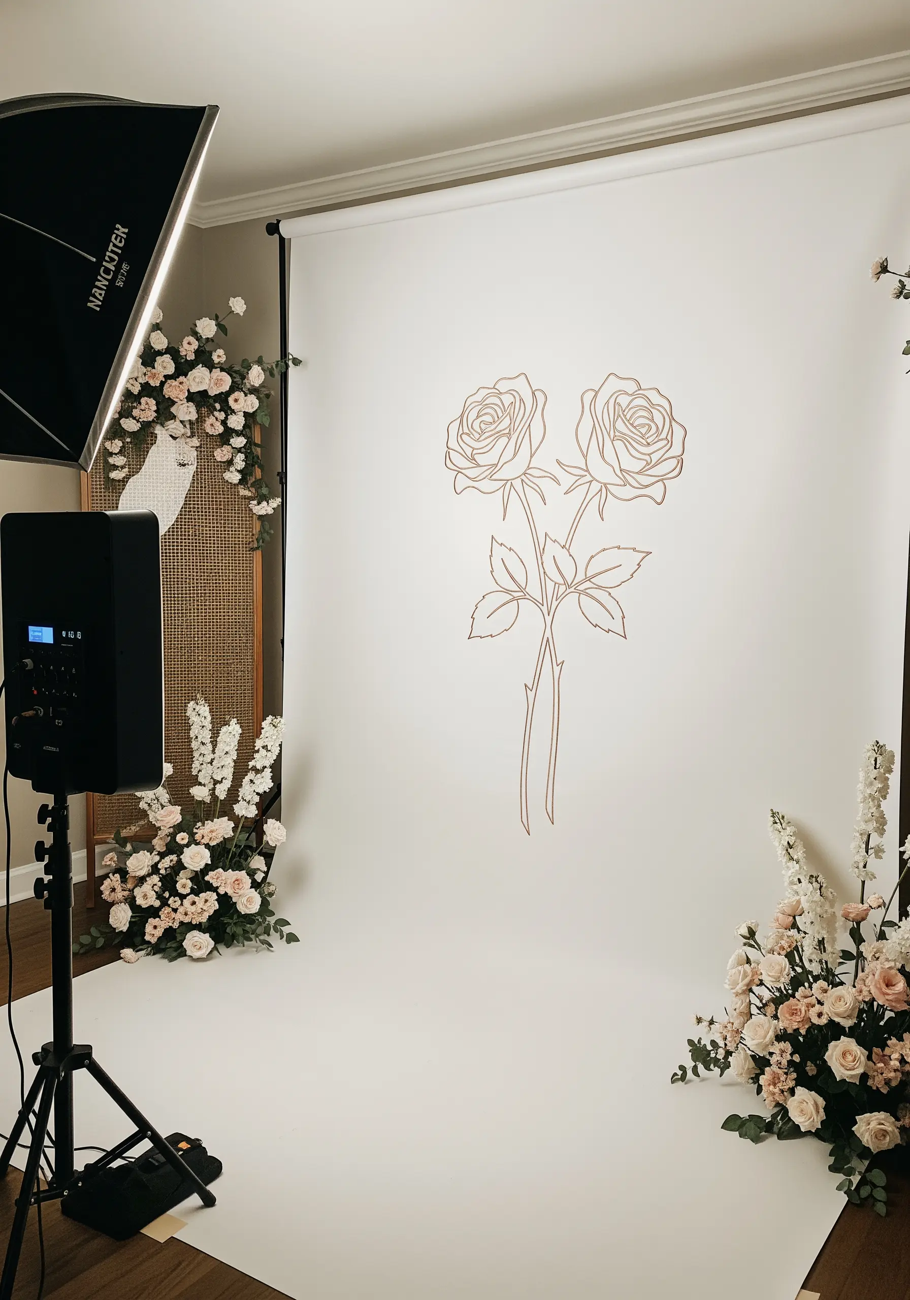Two large rose outlines embroidered on a white photography backdrop for a wedding.