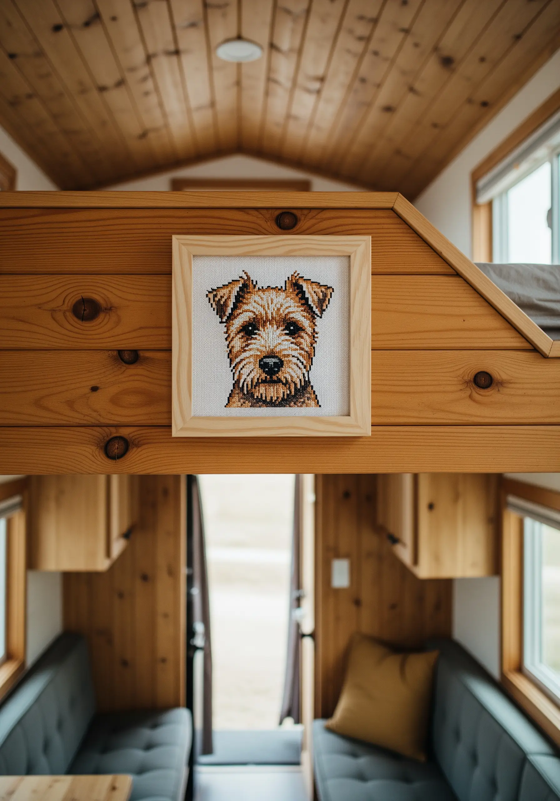 A cross-stitched portrait of a terrier with a pixelated look.