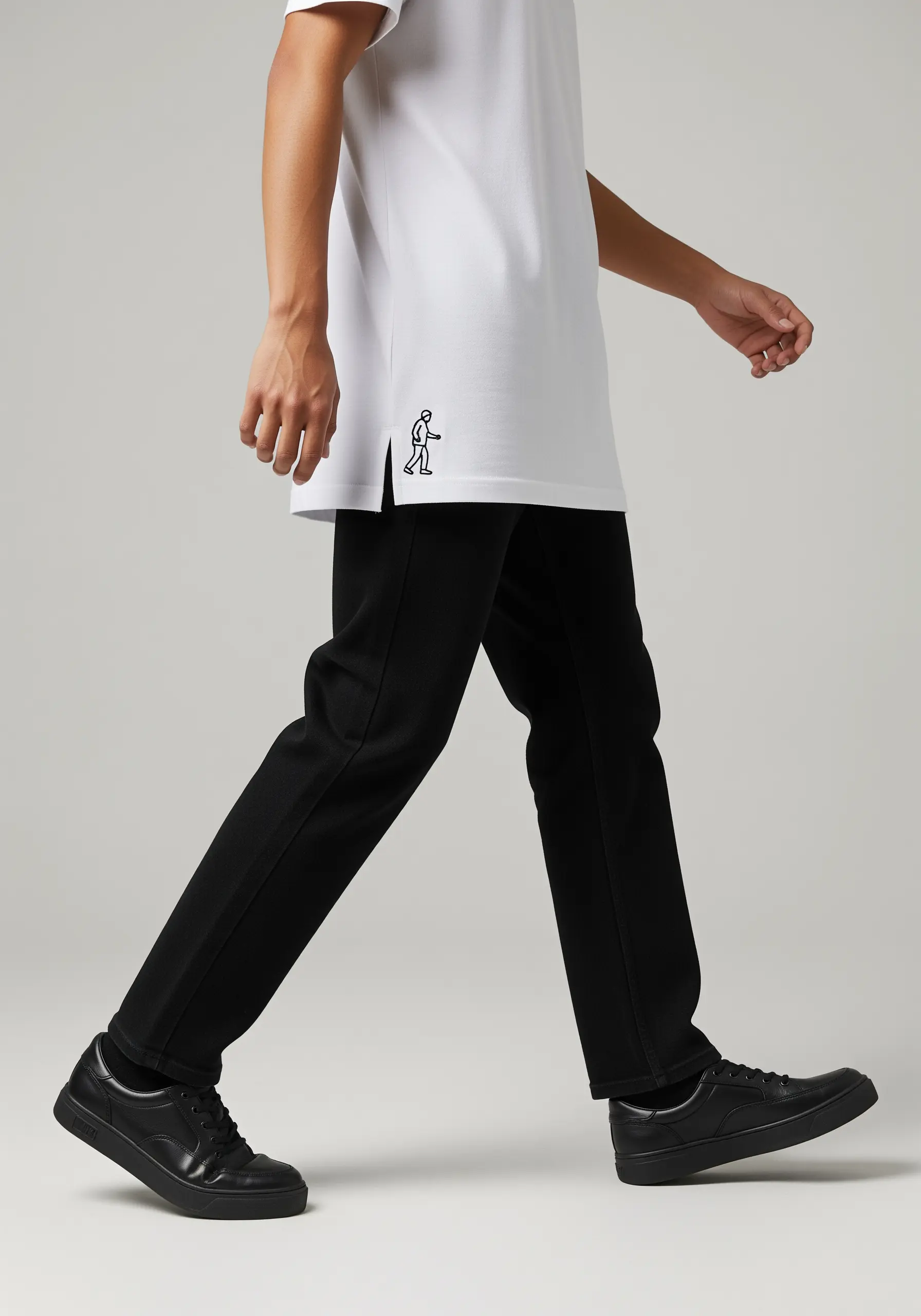 A simple black outline of a walking figure on the side vent of a white t-shirt.