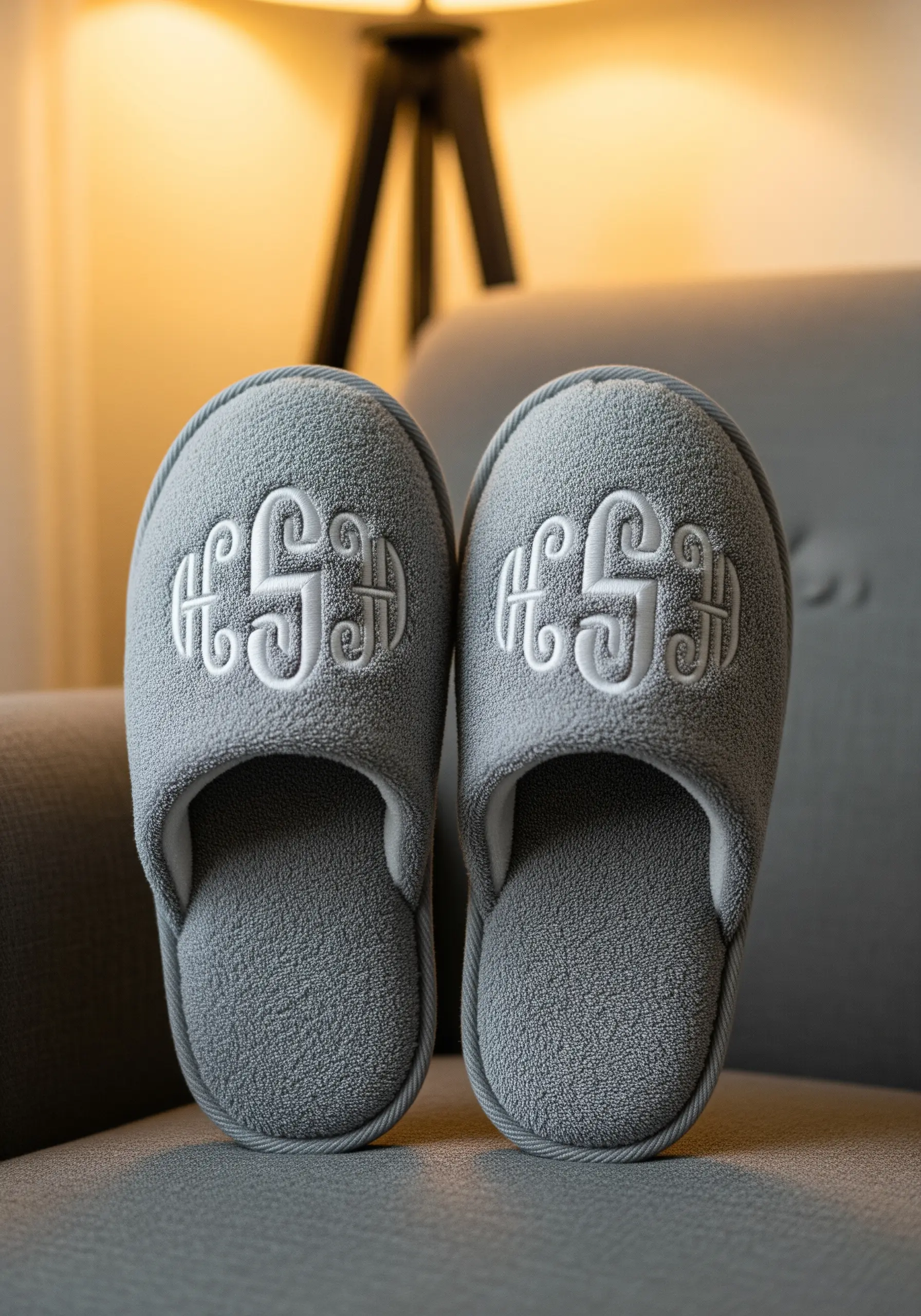 A pair of grey fleece slippers with a large, ornate white monogram embroidered on top.