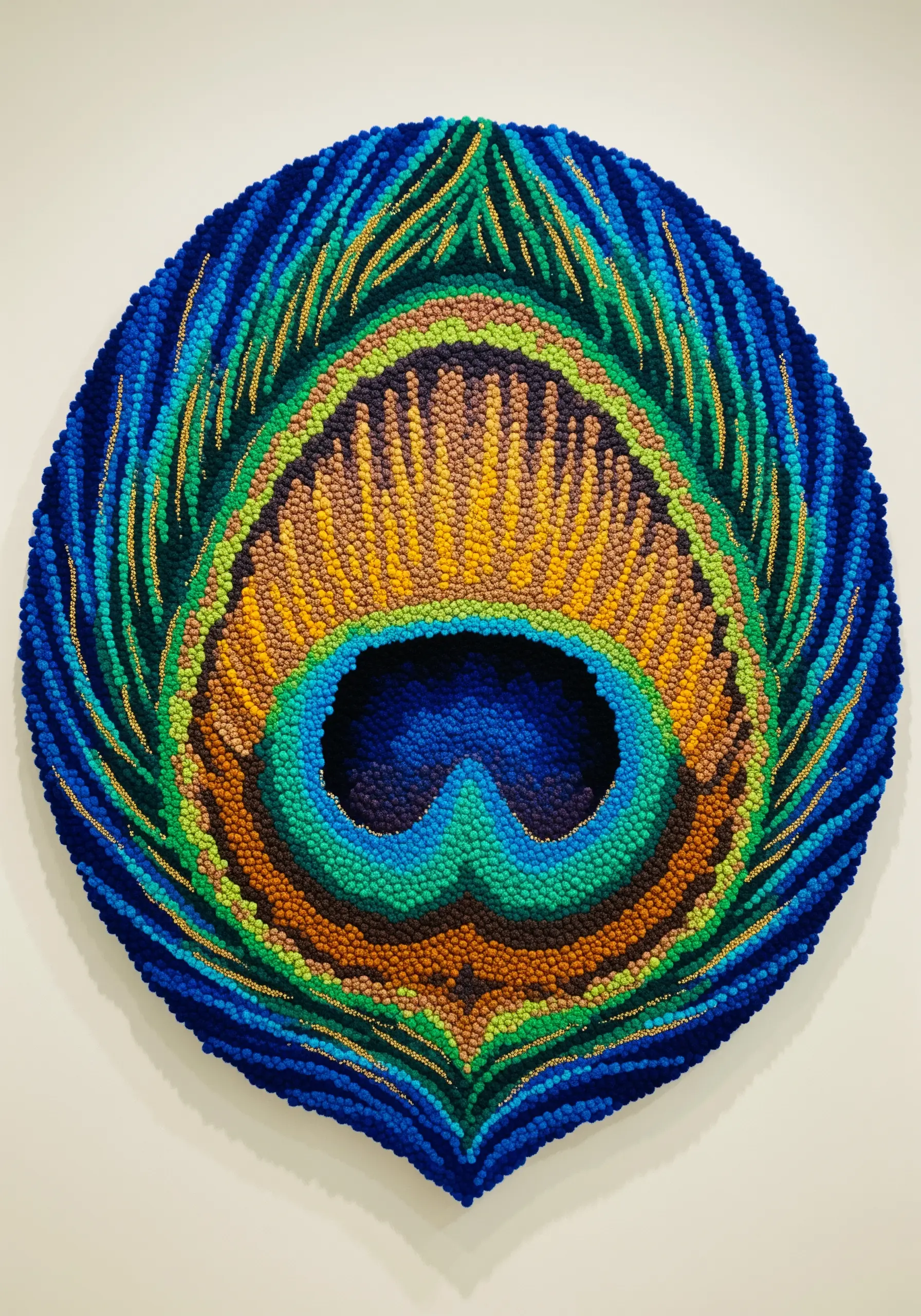 A large, circular peacock feather made entirely of colorful French knots.
