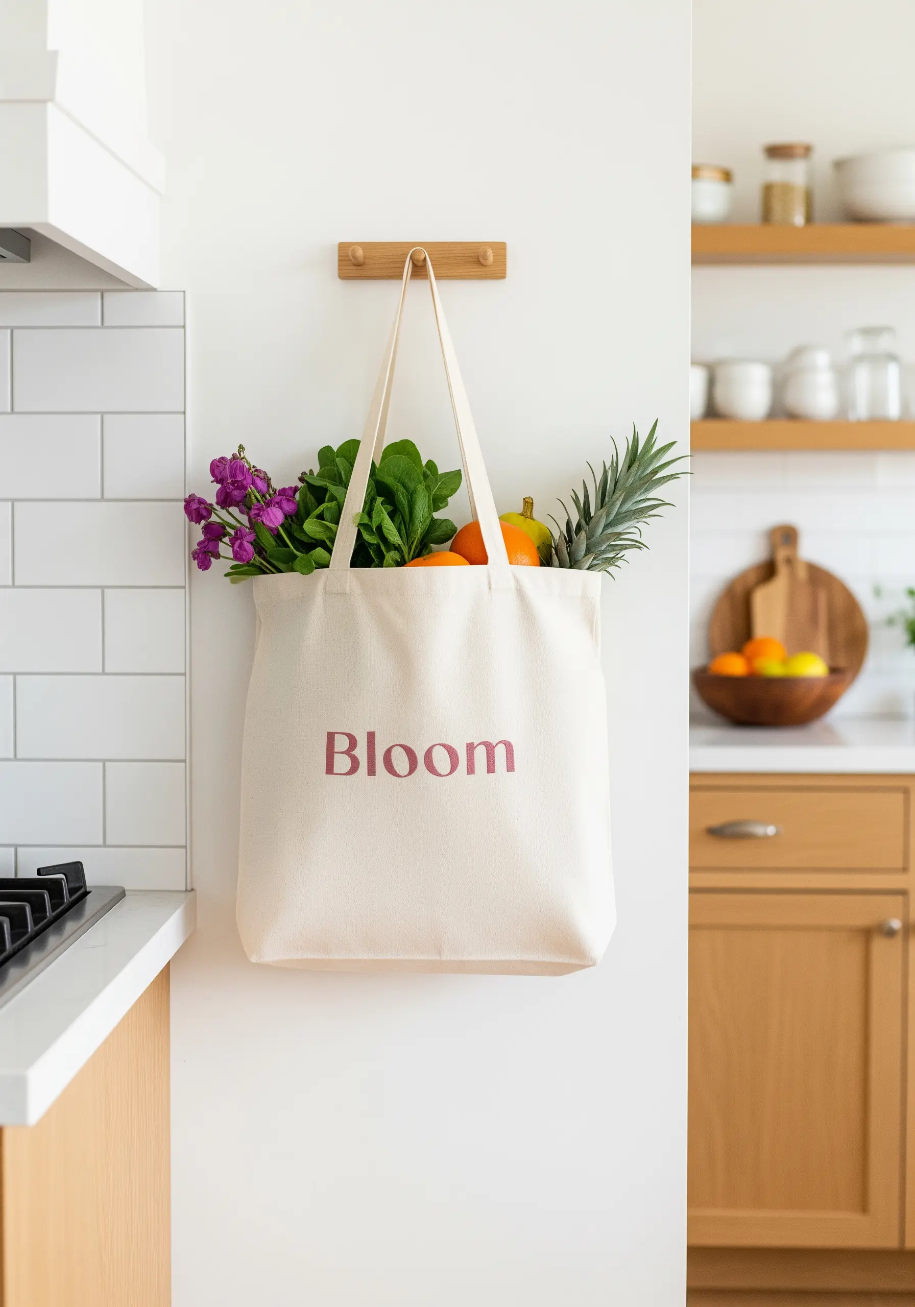 The word 'Bloom' embroidered in a clean, sans-serif font on a canvas tote bag.