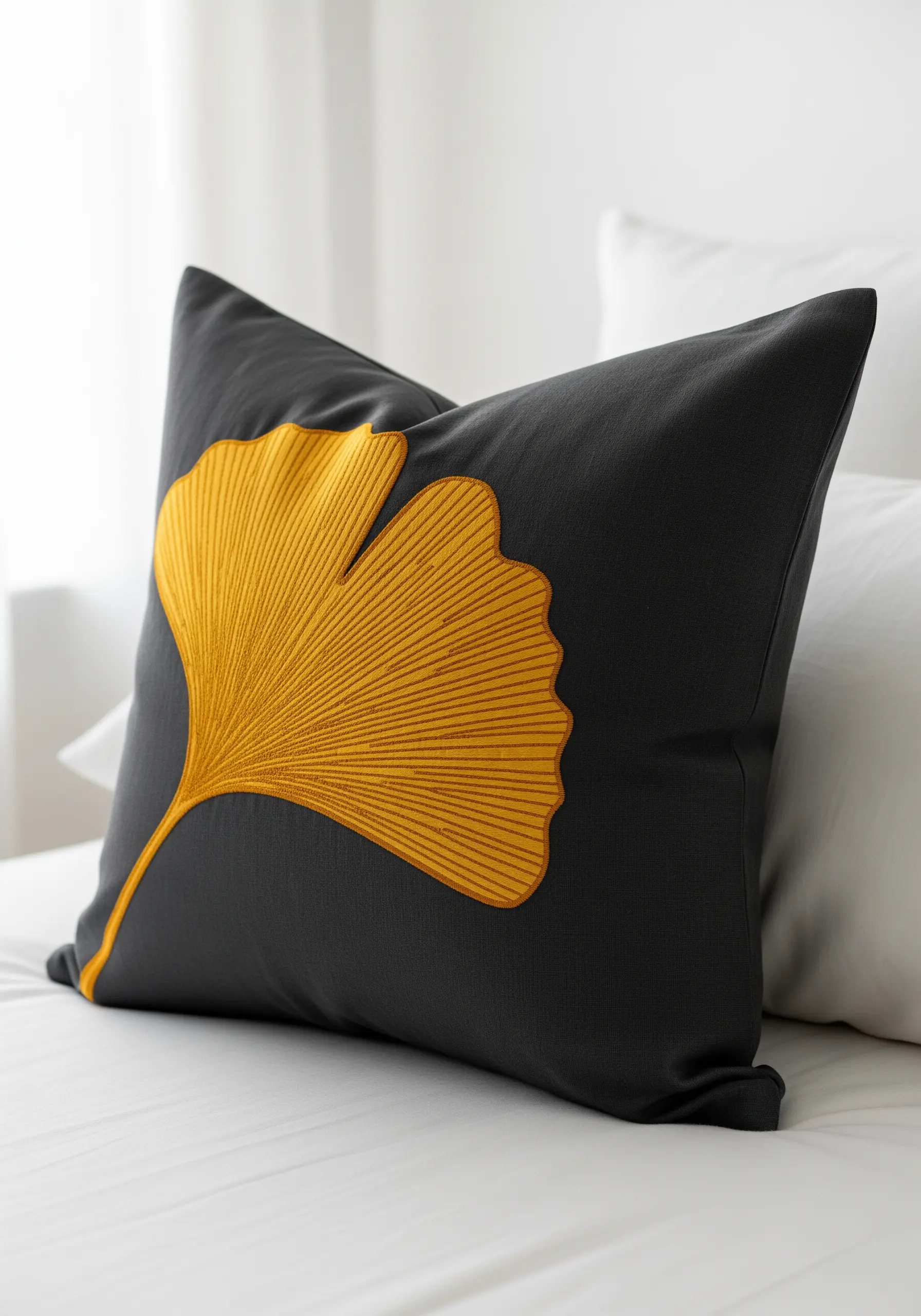 A dark gray pillow featuring a bold, satin-stitched ginkgo leaf in golden yellow.