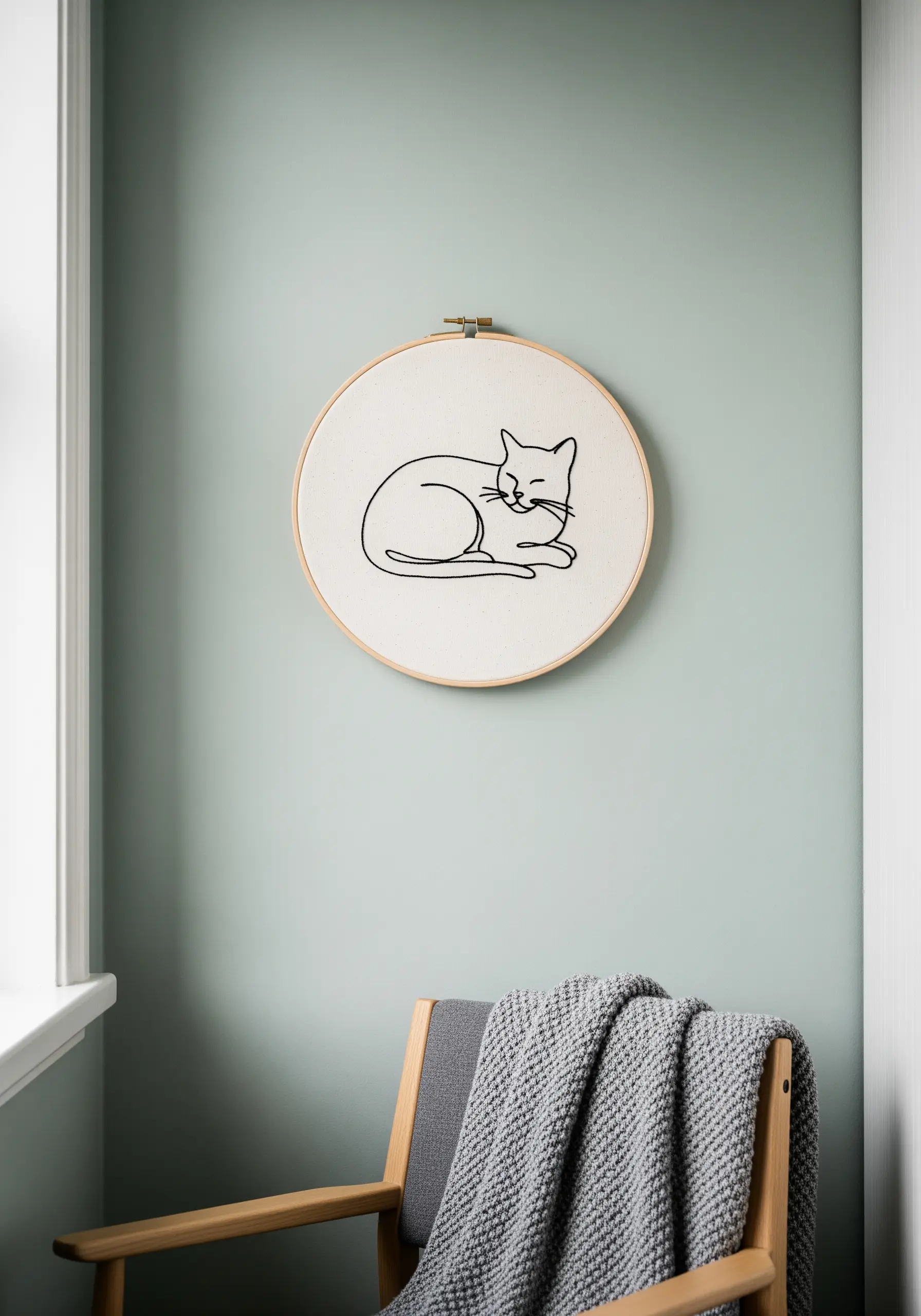 Minimalist cat outline embroidered in black thread on cream fabric.