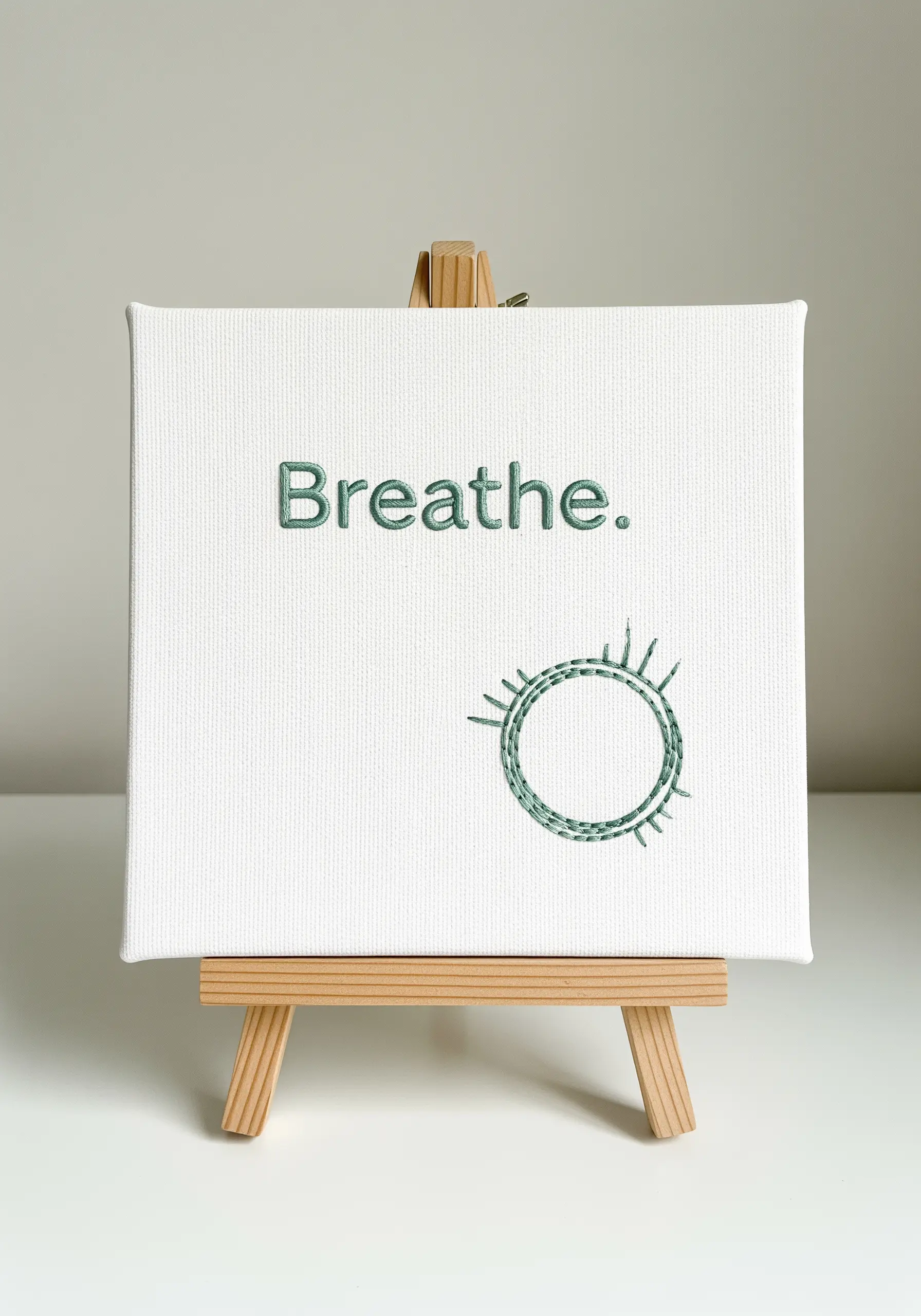The word “Breathe.” embroidered on a white canvas with a small, abstract circular motif.