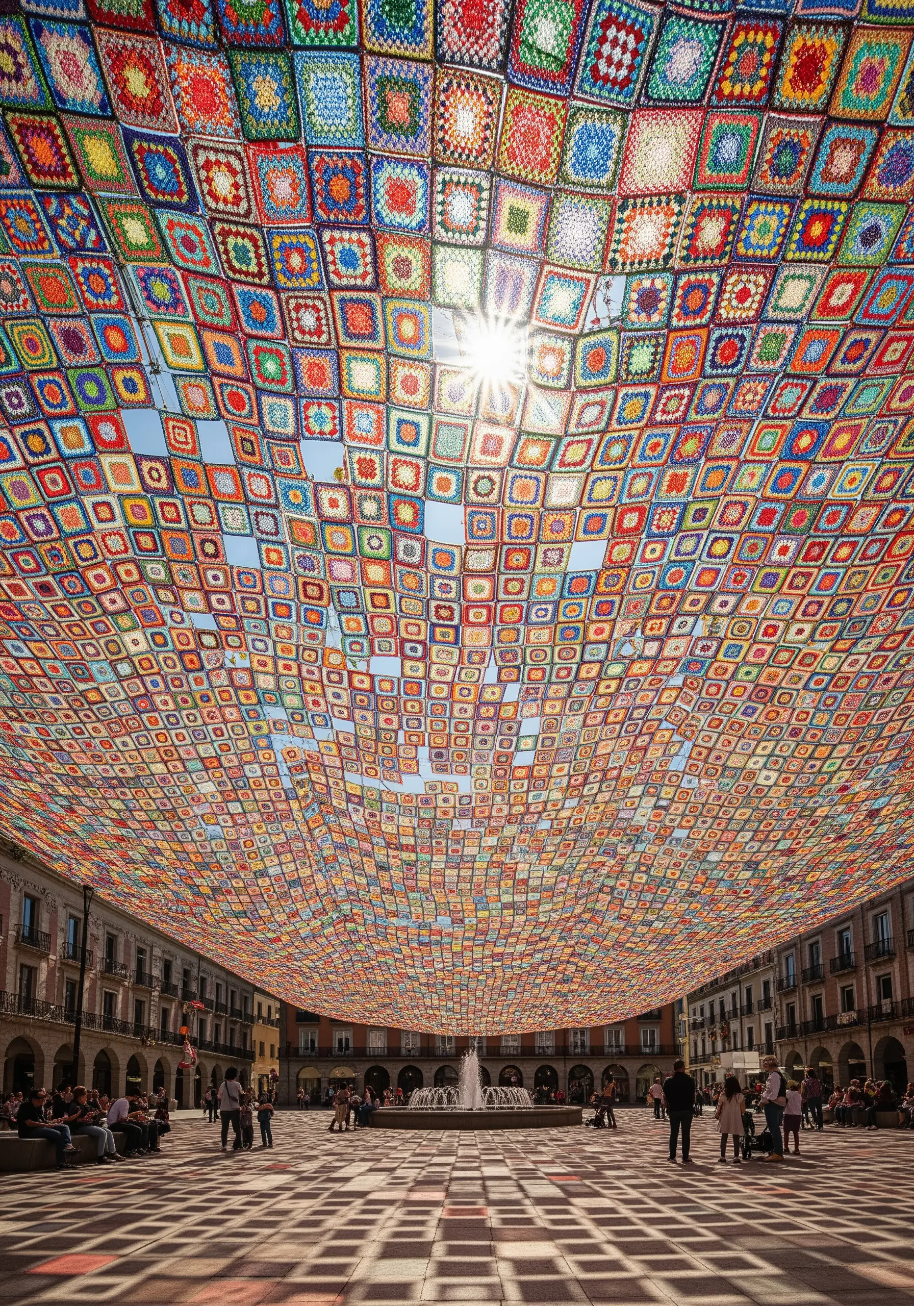 A massive canopy made of thousands of colorful crocheted granny squares over a plaza.