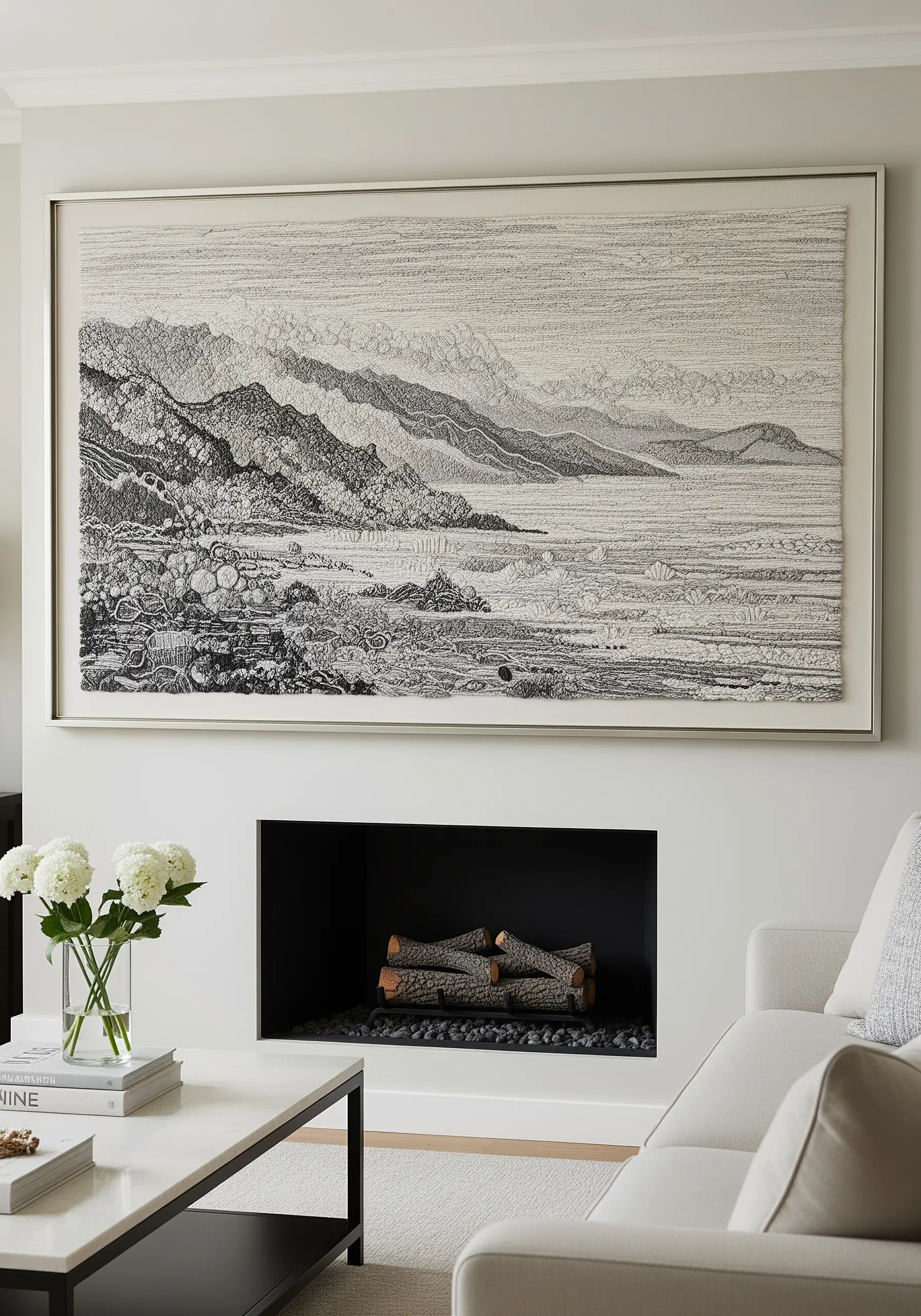 Detailed black and white embroidered landscape with immense textural variety.