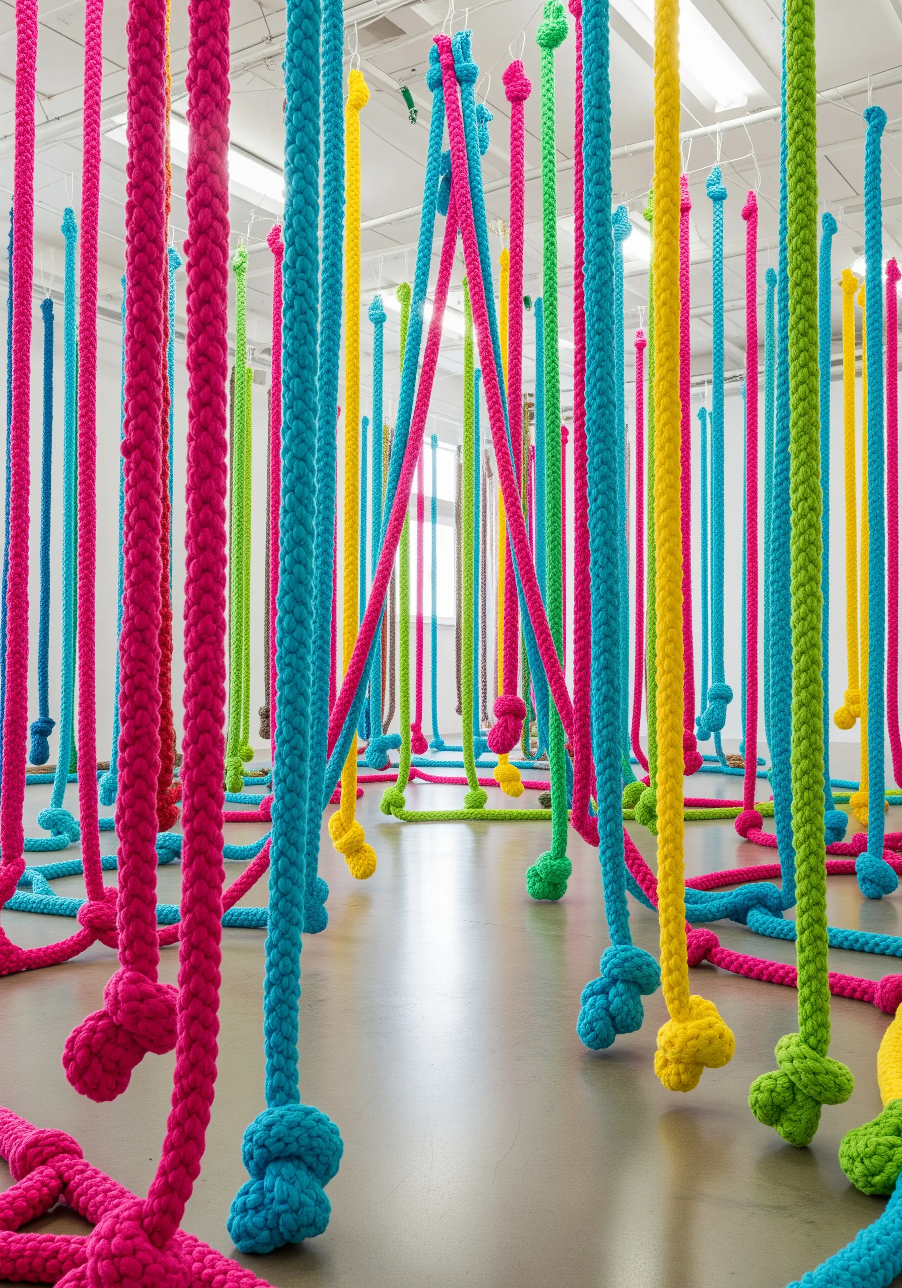 A vibrant installation of thick, colorful ropes hanging from the ceiling in a gallery.