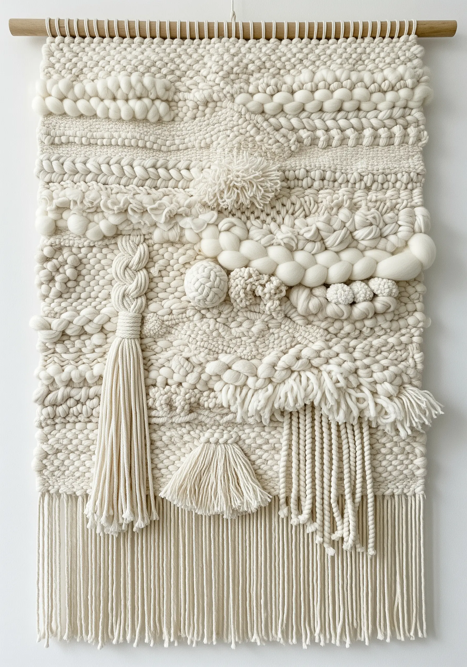 Highly textured monochrome off-white woven wall hanging with various knots and braids.