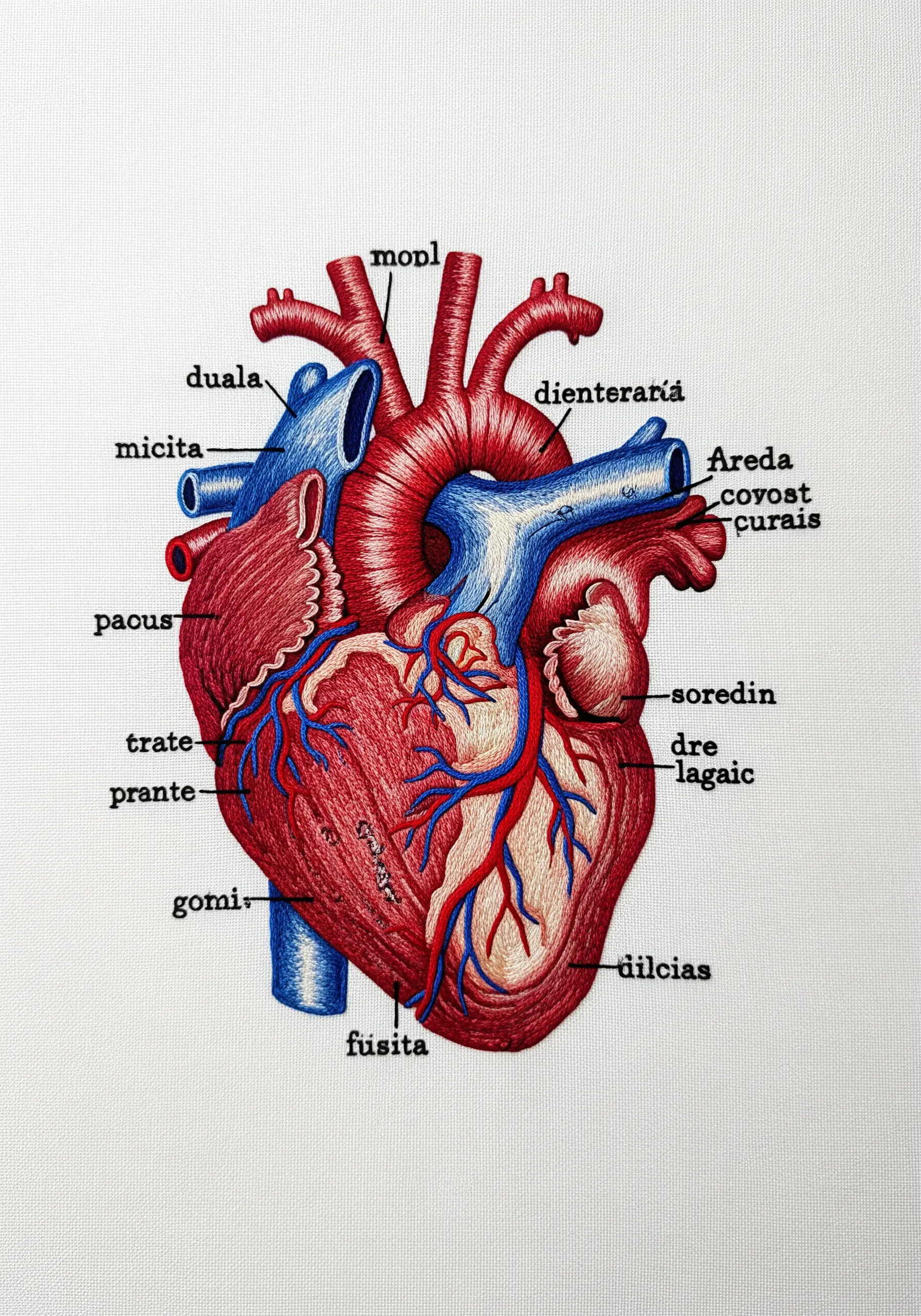 A detailed anatomical embroidery of a human heart with stitched labels for different parts.