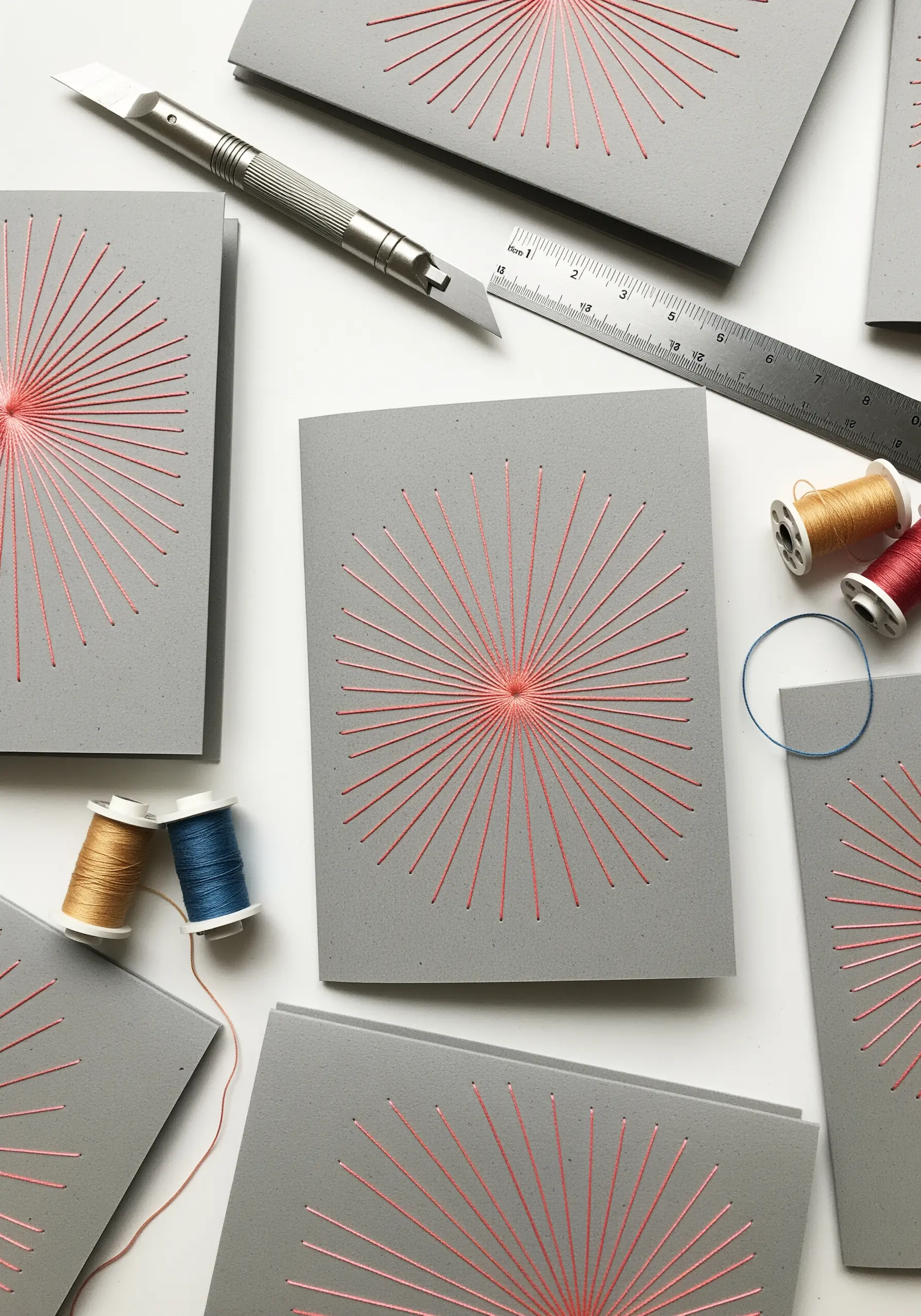 Geometric sunburst pattern stitched with pink thread on grey cardstock.