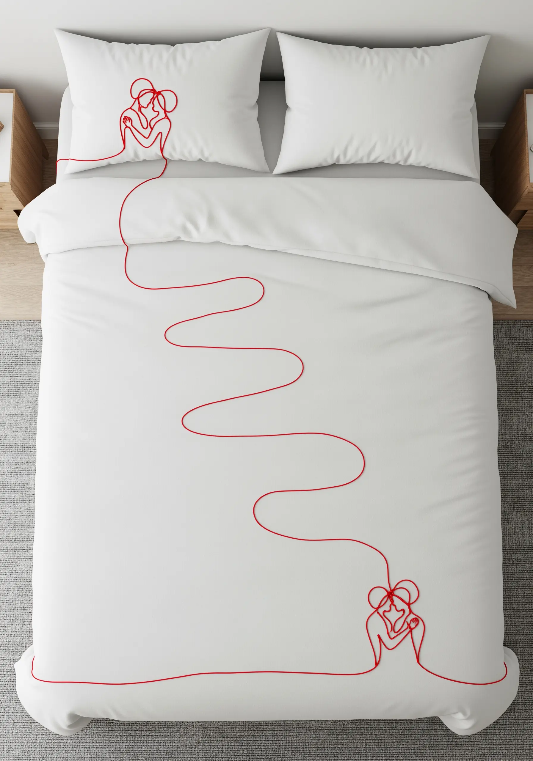 A single red thread meanders across a white duvet, connecting two line-art figures.