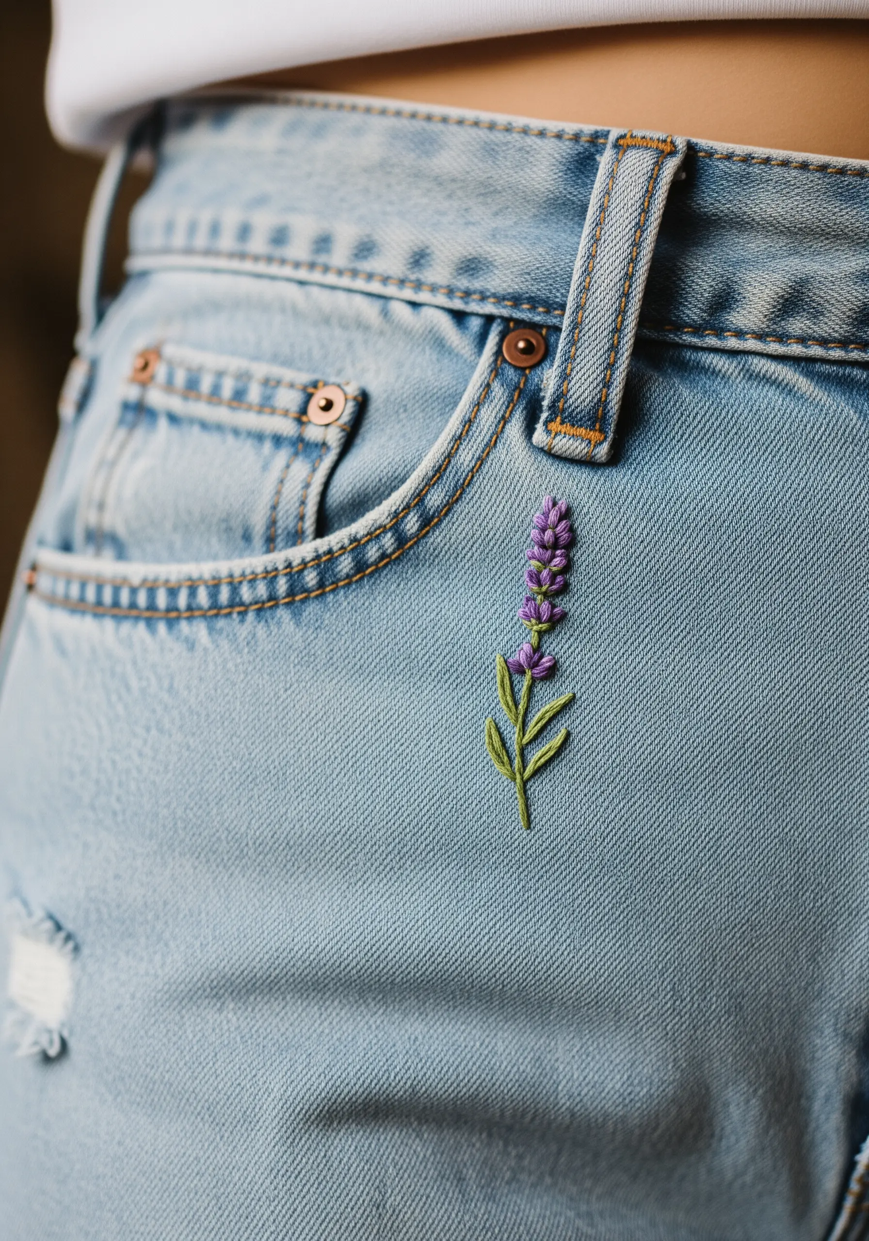 A single lavender sprig with purple French knots embroidered on denim.