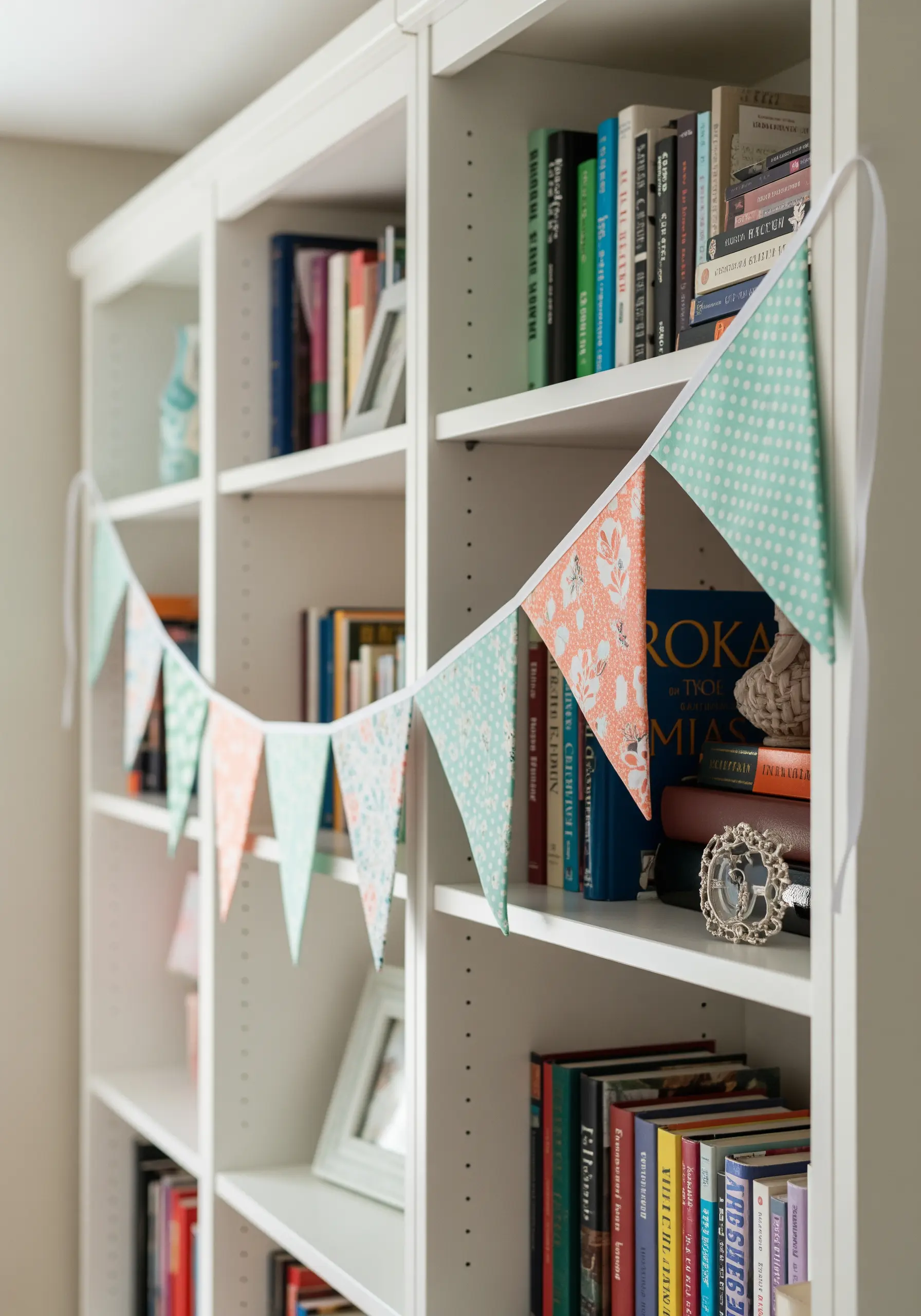A pastel-colored fabric pennant banner strung across a white bookshelf.