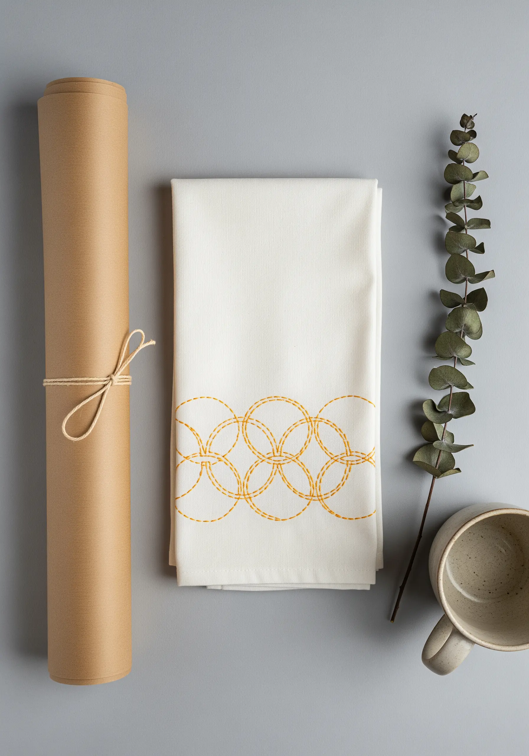 Interlocking circles in a running stitch pattern embroidered on a cream tea towel.