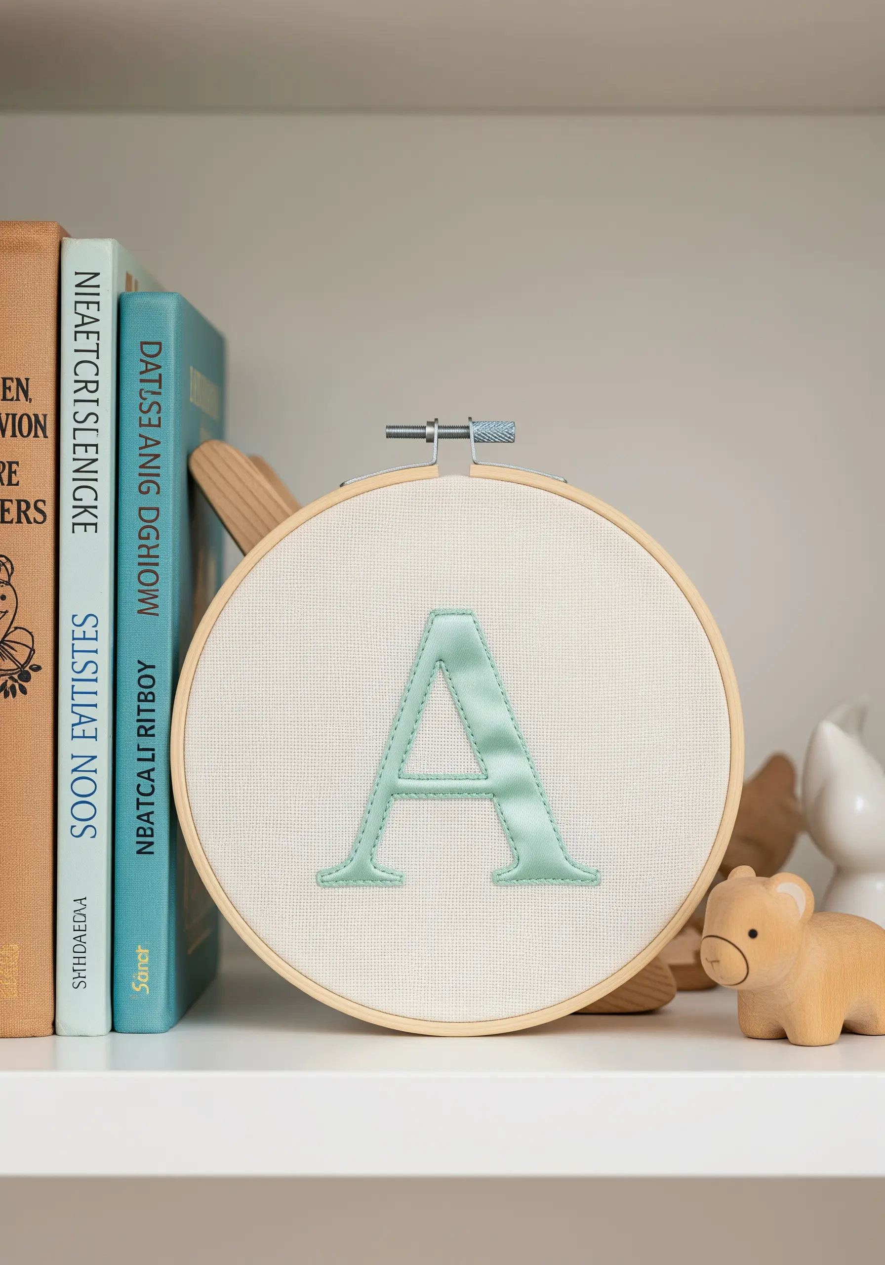 A large letter 'A' created with couched mint green ribbon and outlined in thread.