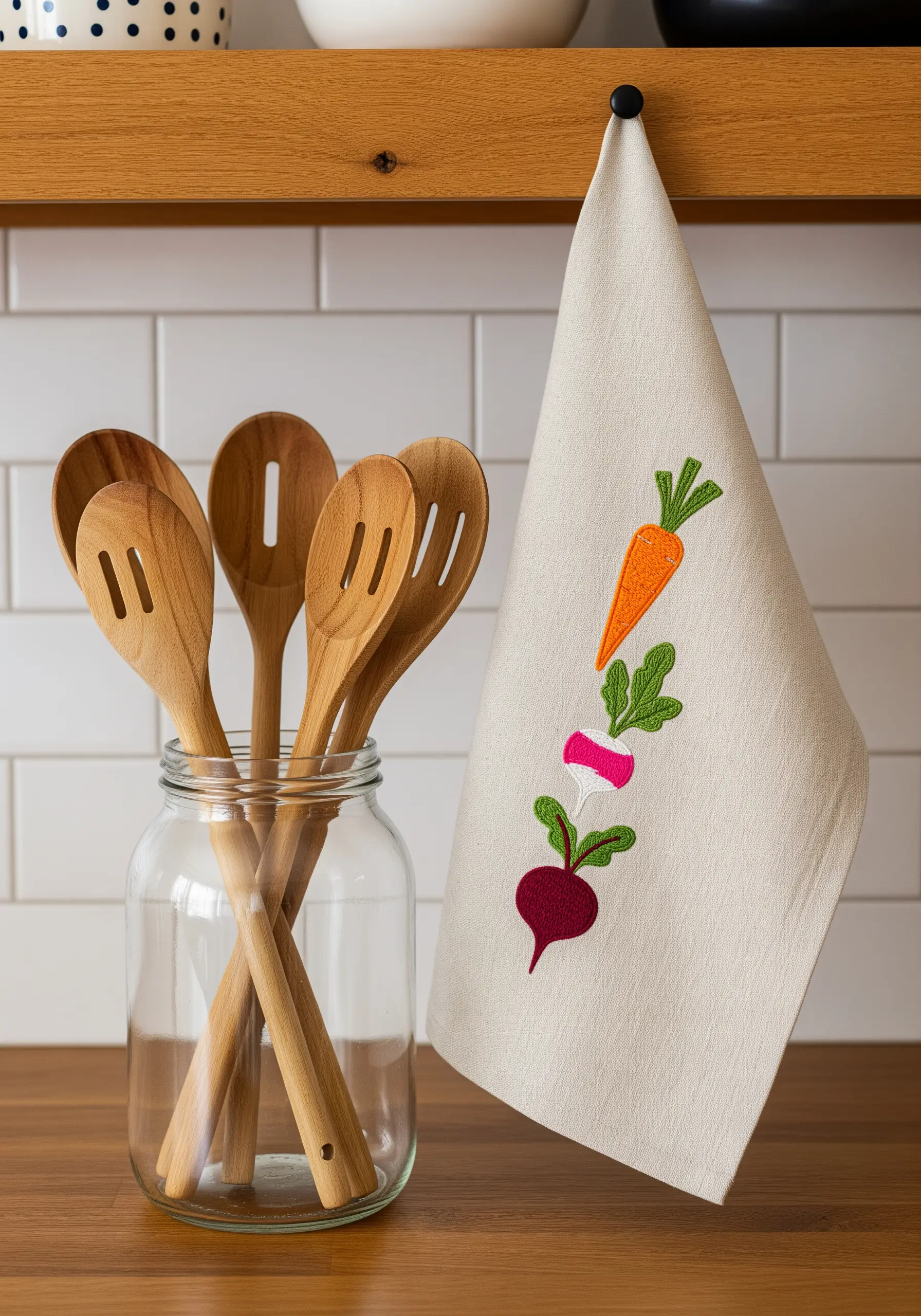 Colorful satin-stitched root vegetables—carrot, radish, and beet—on a kitchen towel.