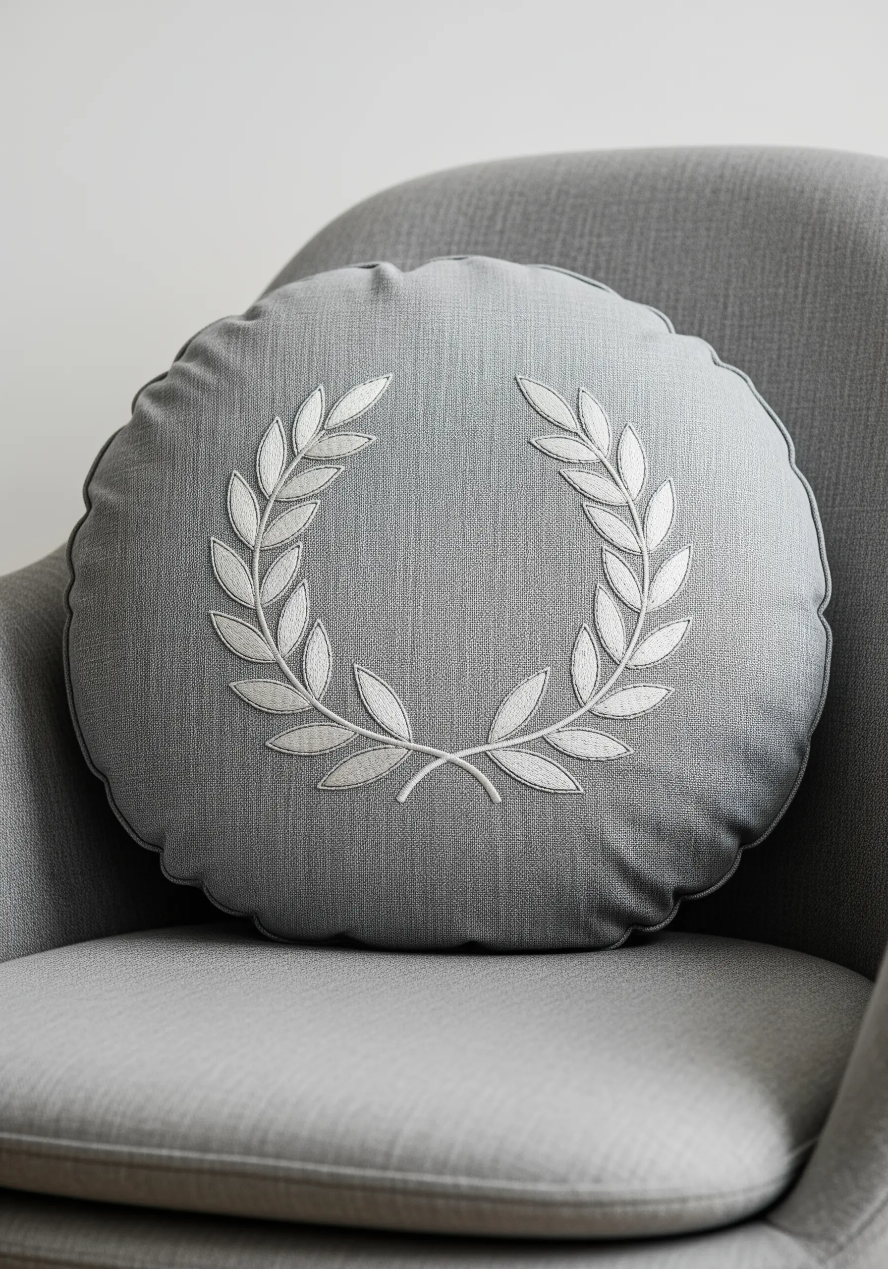 A symmetrical laurel wreath with satin-stitched leaves on a round grey cushion.