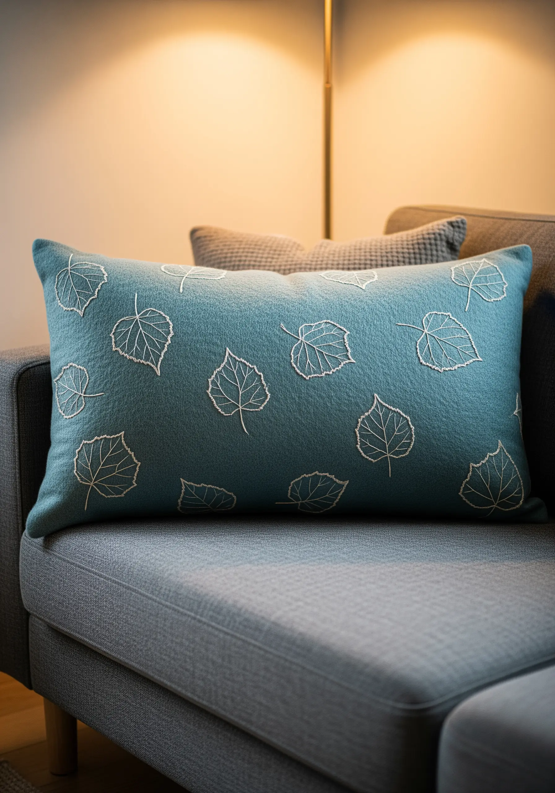 A teal pillow with a scattered pattern of white embroidered leaf outlines.