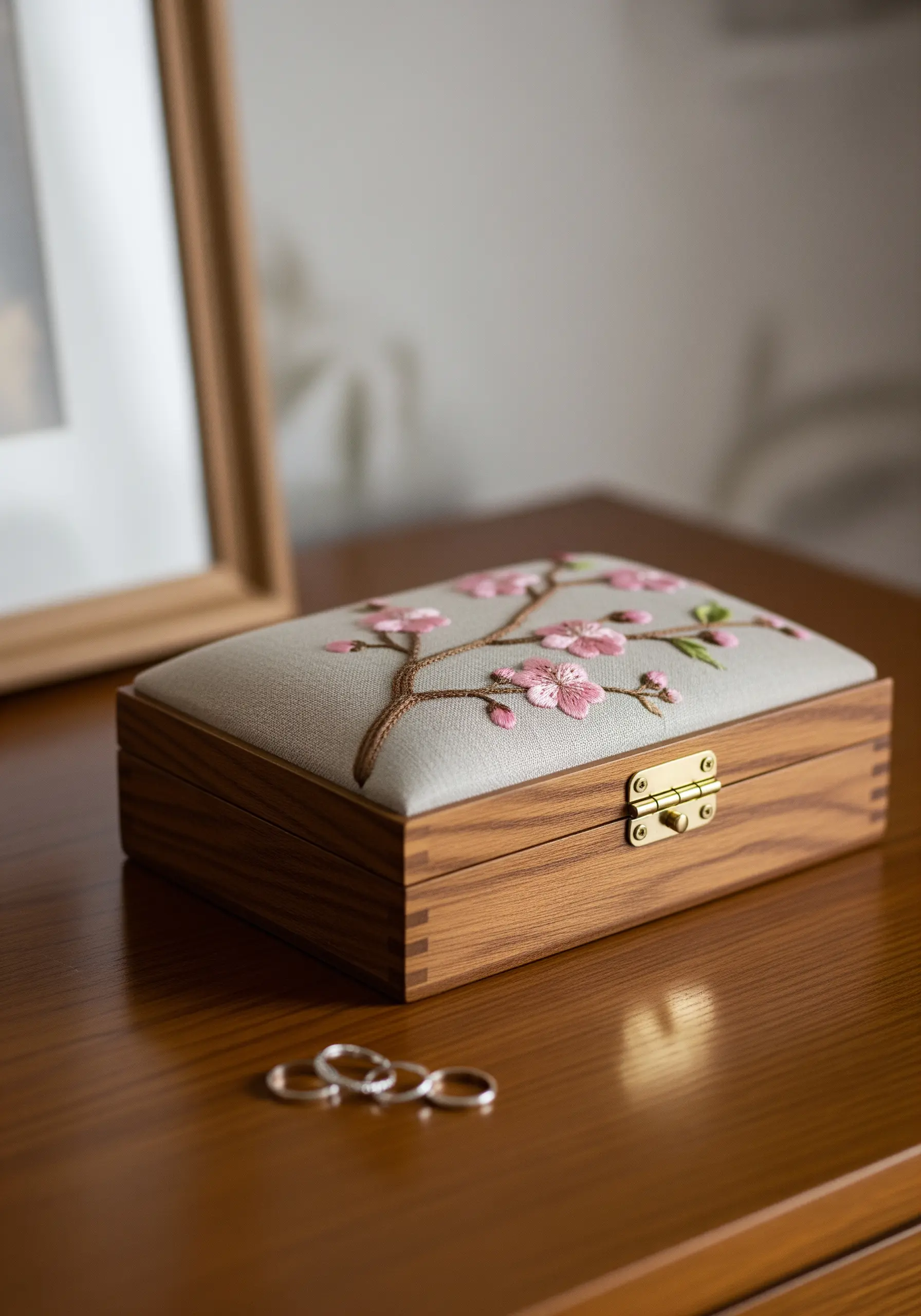 Embroidered cherry blossoms with 3D knots on the padded lid of a wooden jewelry box.