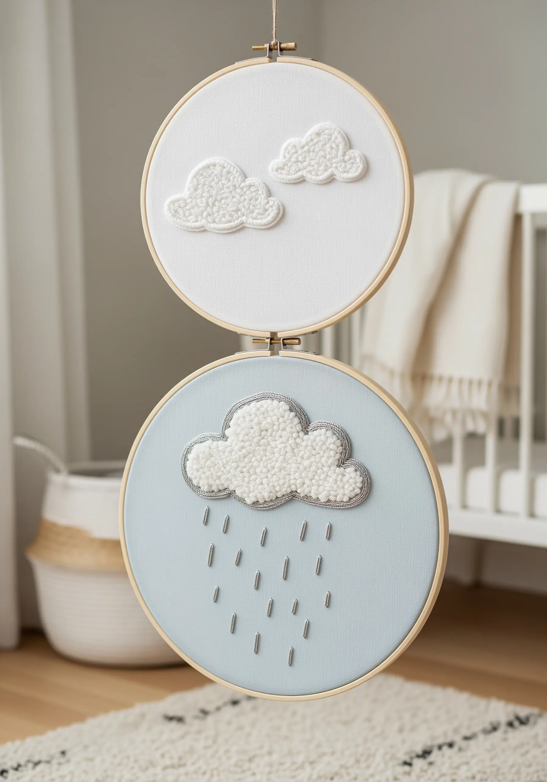 Cloud and rain embroidery mobile for a nursery