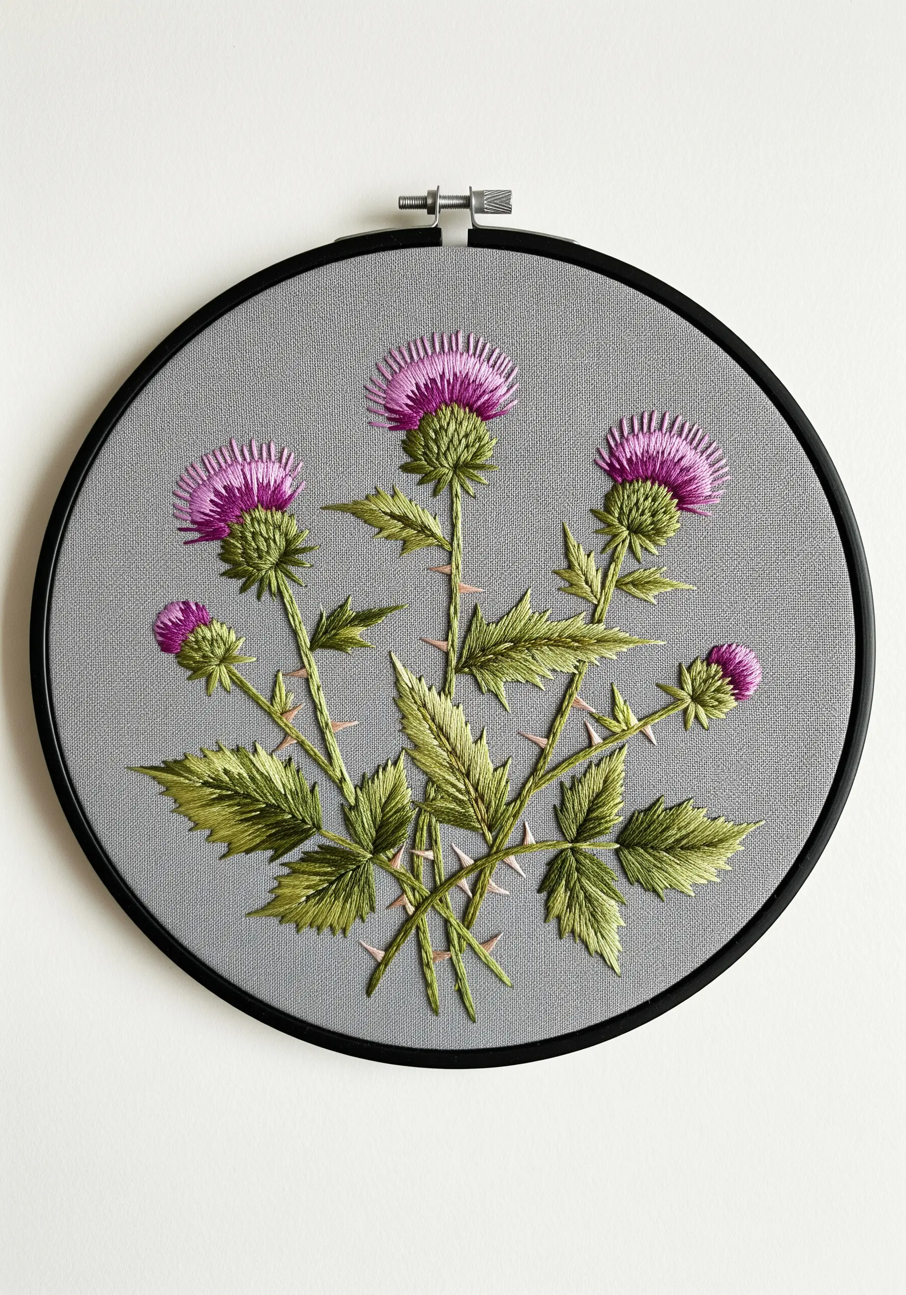 Embroidered thistle with fanned straight stitches and sharp, fishbone stitch leaves.