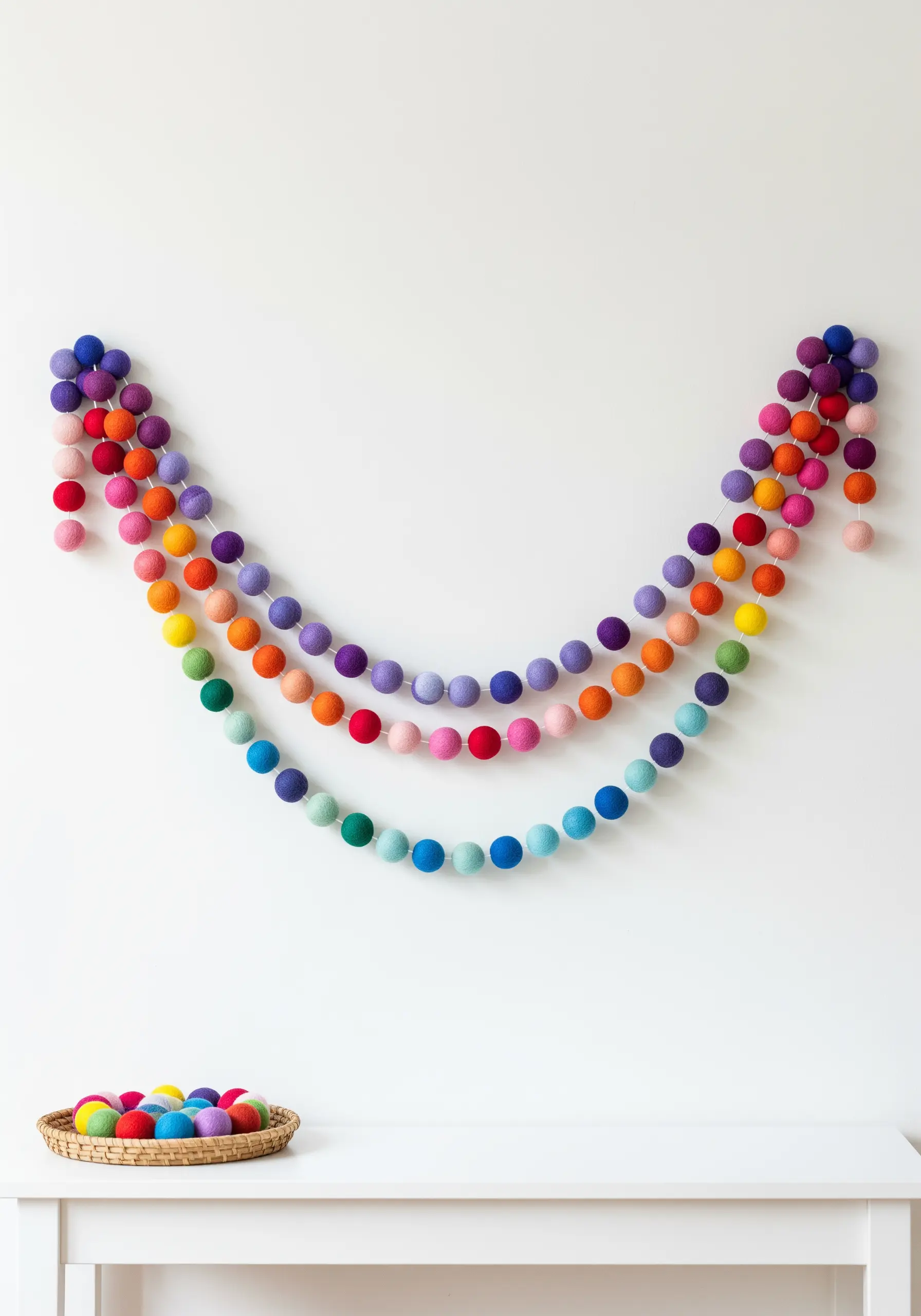 Three colorful felt ball garlands arranged in gentle arcs on a white wall.
