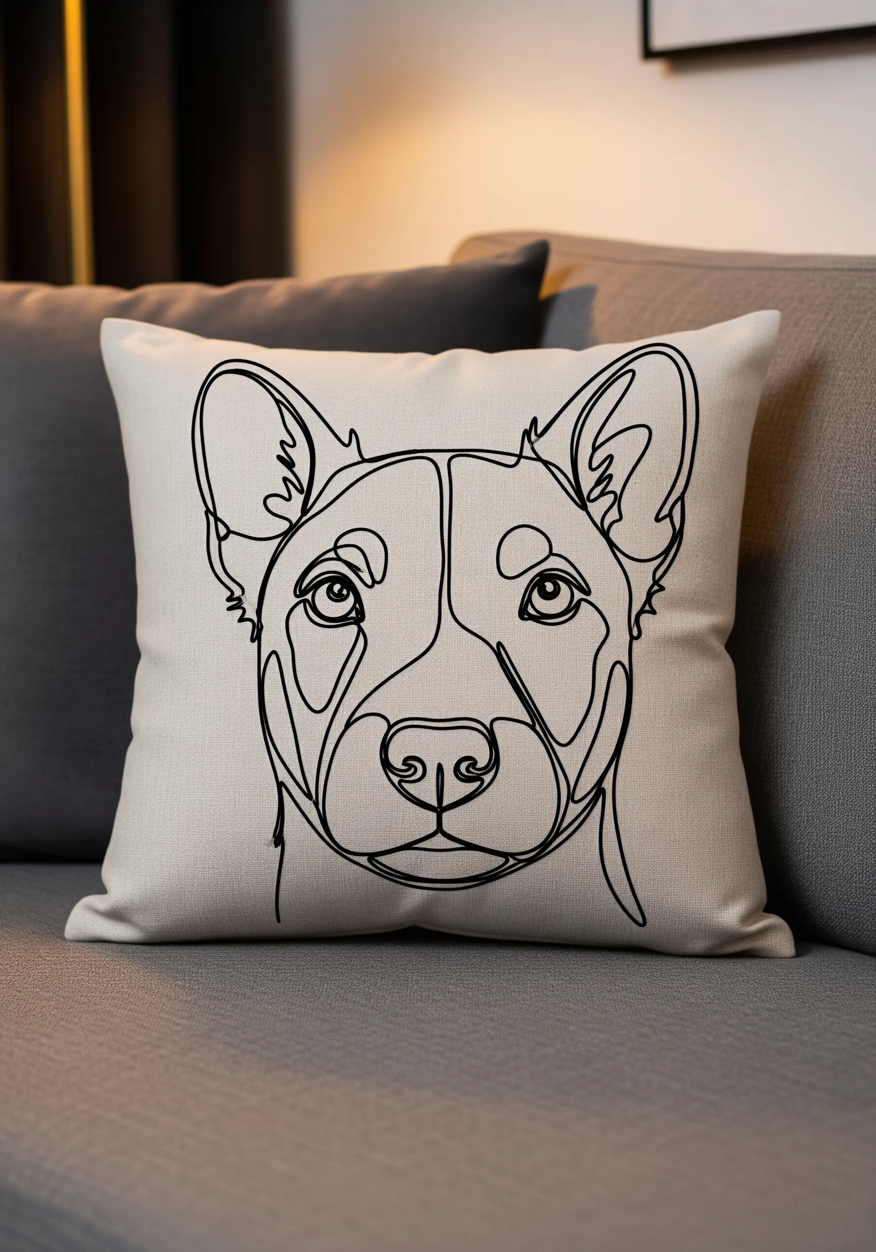 A throw pillow with a minimalist, single-line art portrait of a dog's face embroidered in black.