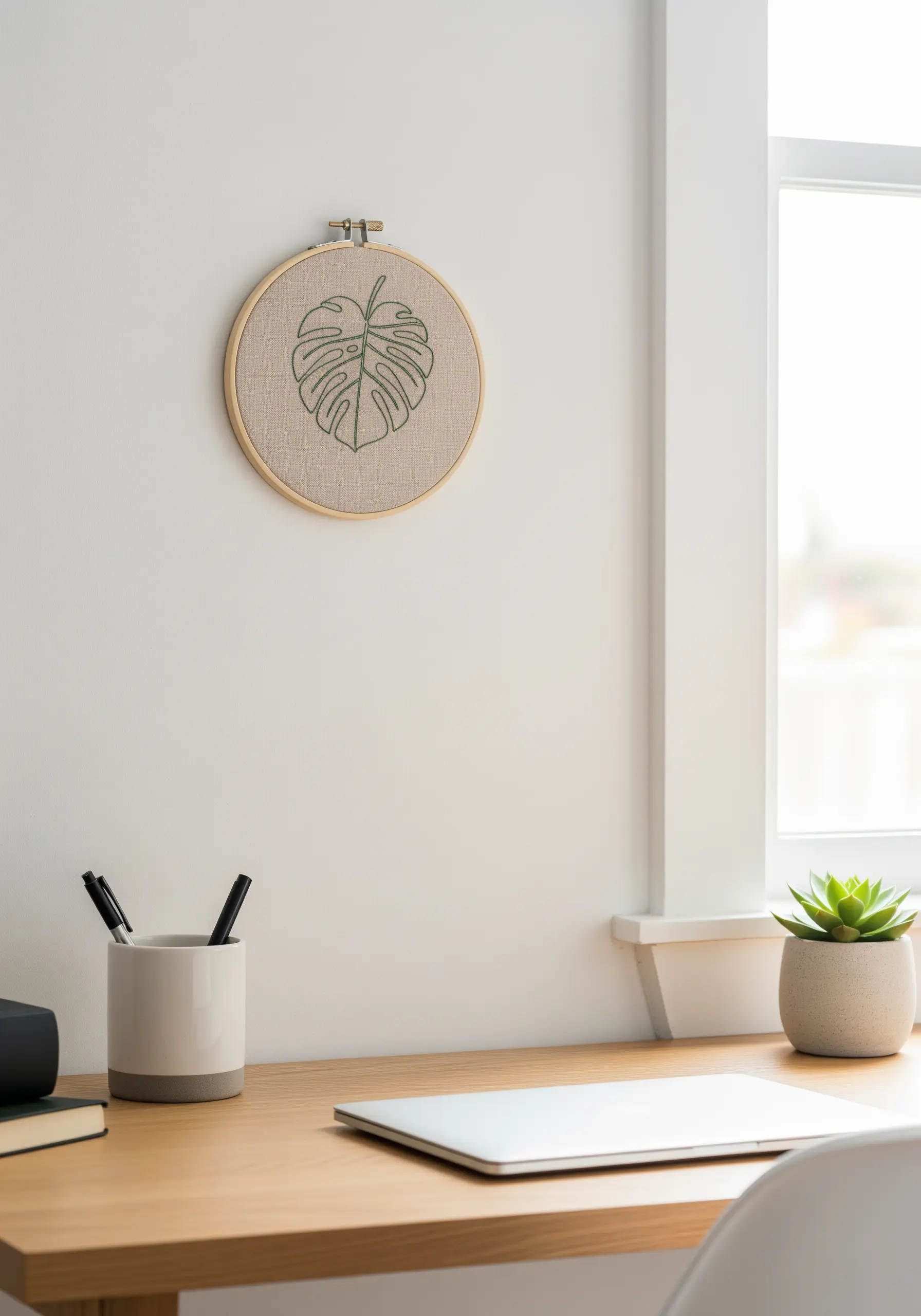 Minimalist monstera leaf embroidered in green thread on neutral fabric in a wooden hoop.