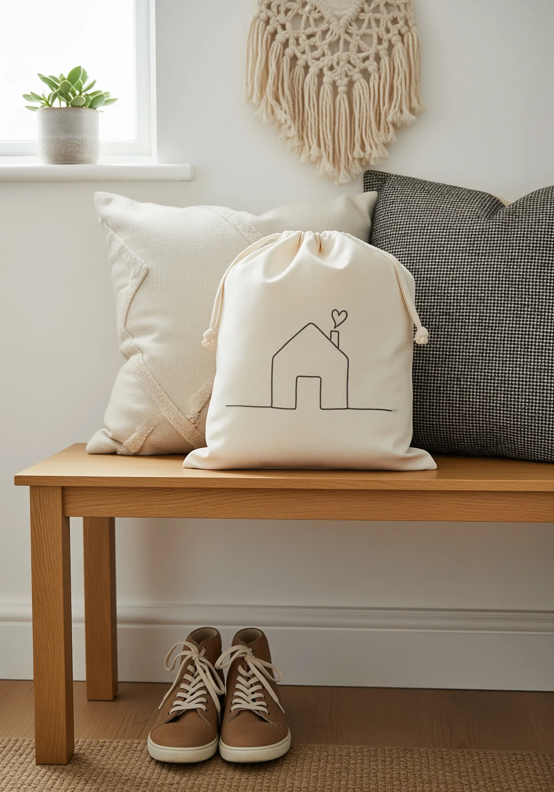 A simple continuous line drawing of a house with a heart, stitched on a drawstring bag.