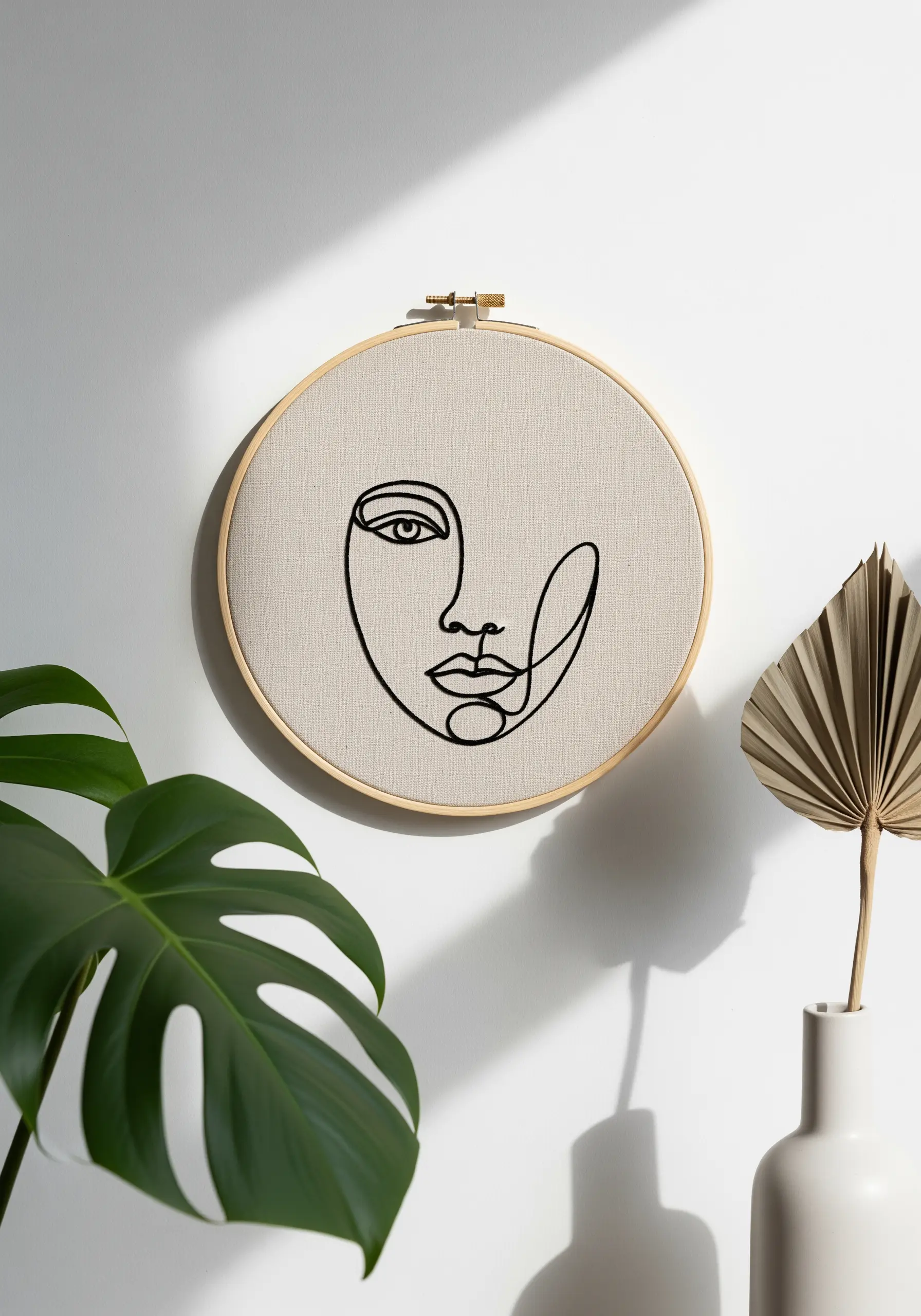 Single line embroidery portrait of a face on neutral linen