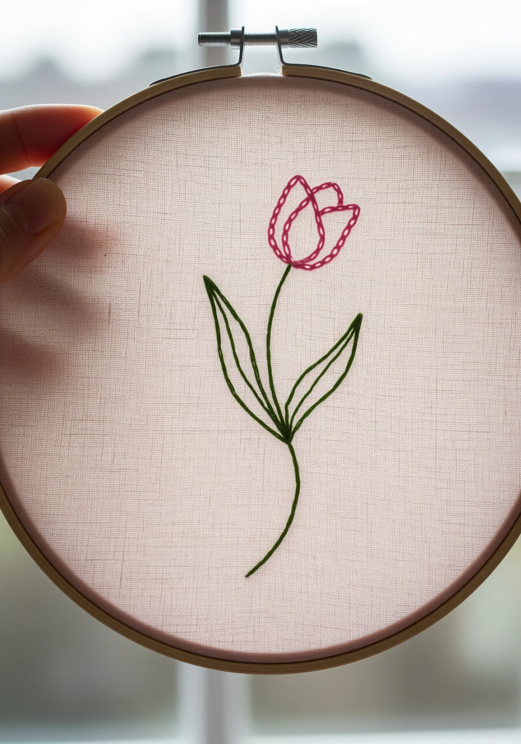 Minimalist pink tulip embroidery using chain stitch outline on linen