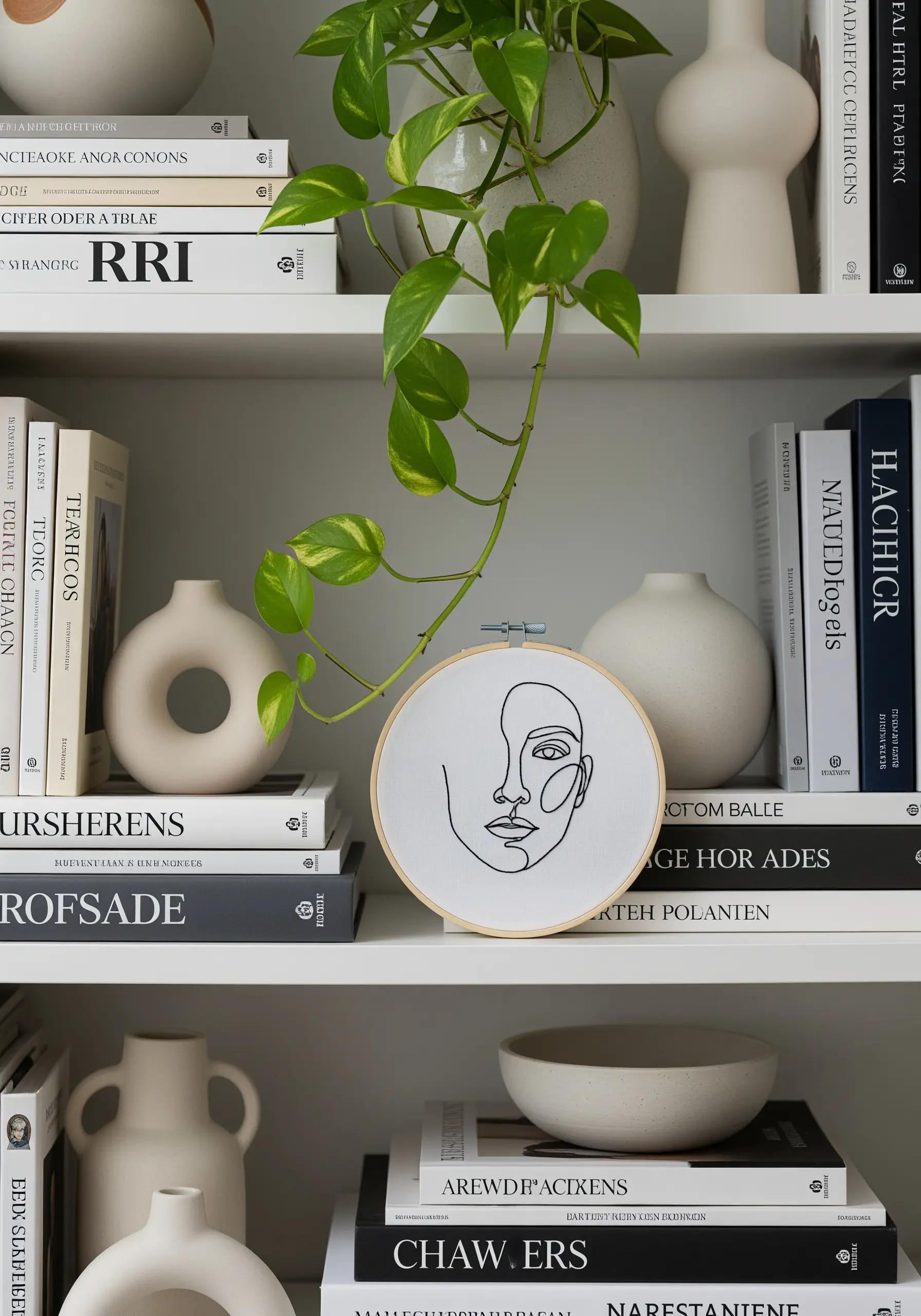 Minimalist single-line face portrait embroidered in black thread on white fabric.