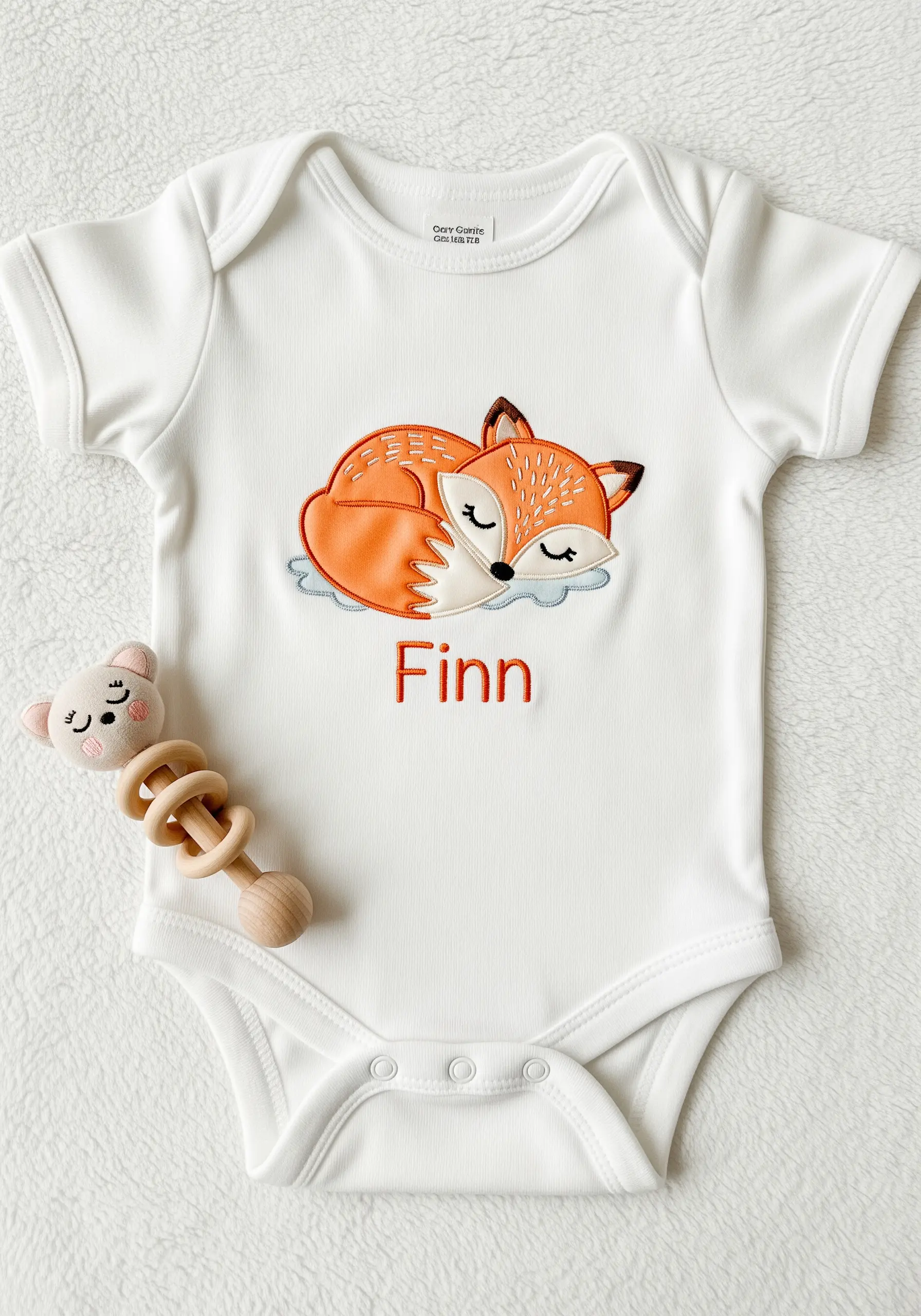 A white baby bodysuit with a cute embroidered sleeping fox and the name 'Finn'.