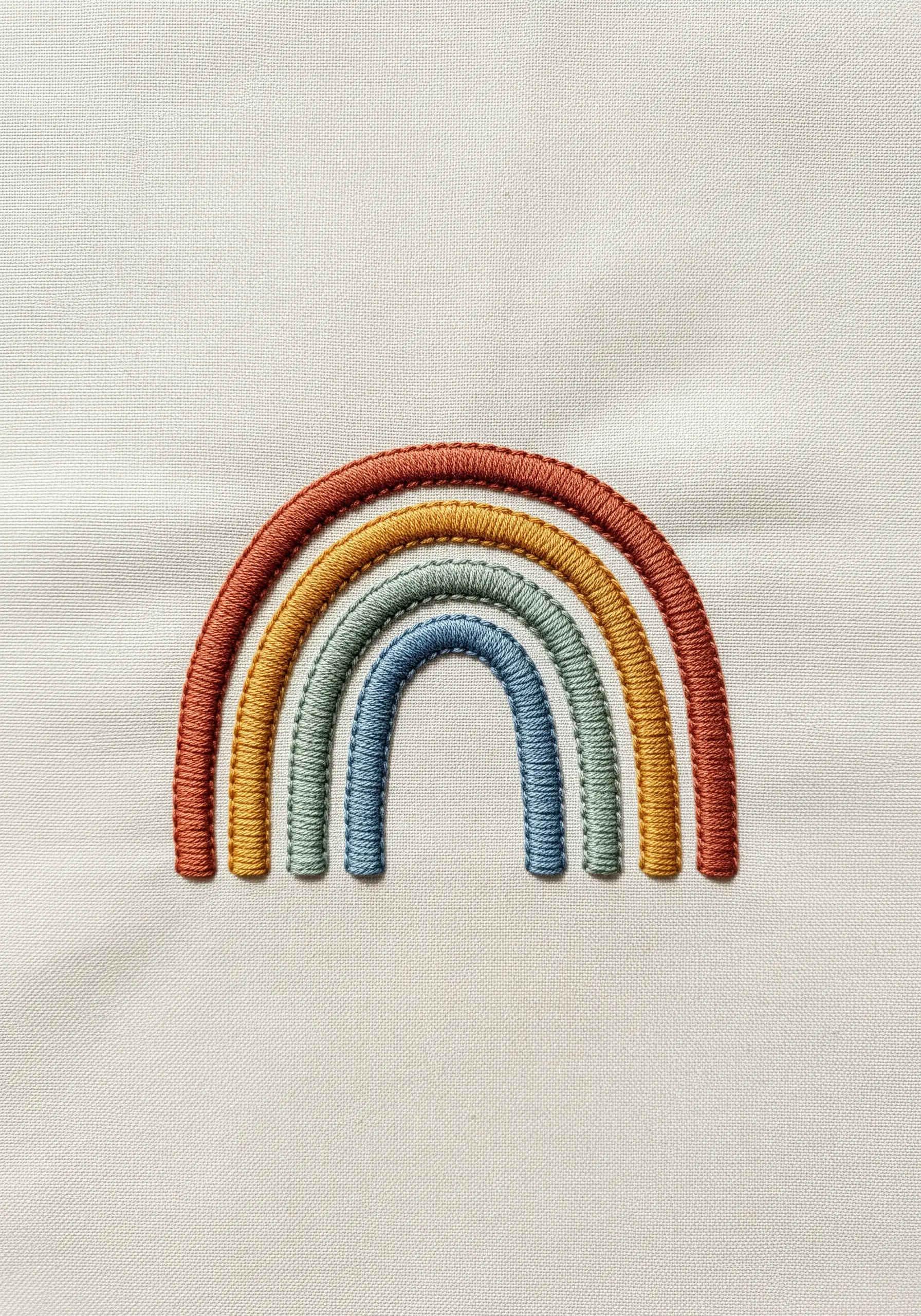 An embroidered rainbow with padded satin stitch arches in muted, earthy tones.