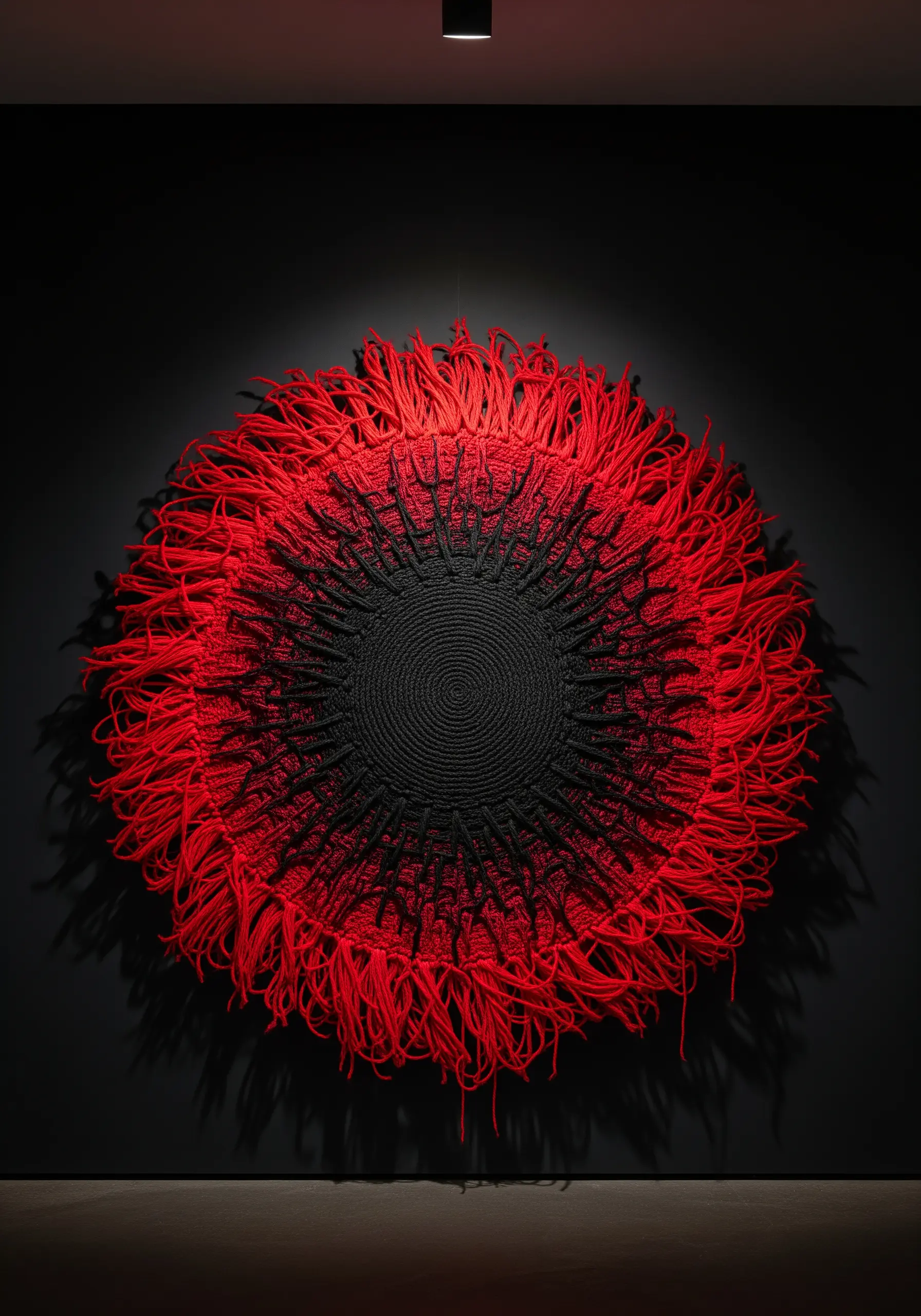 A large, circular fiber art piece with a black center radiating into a fiery red textured edge.