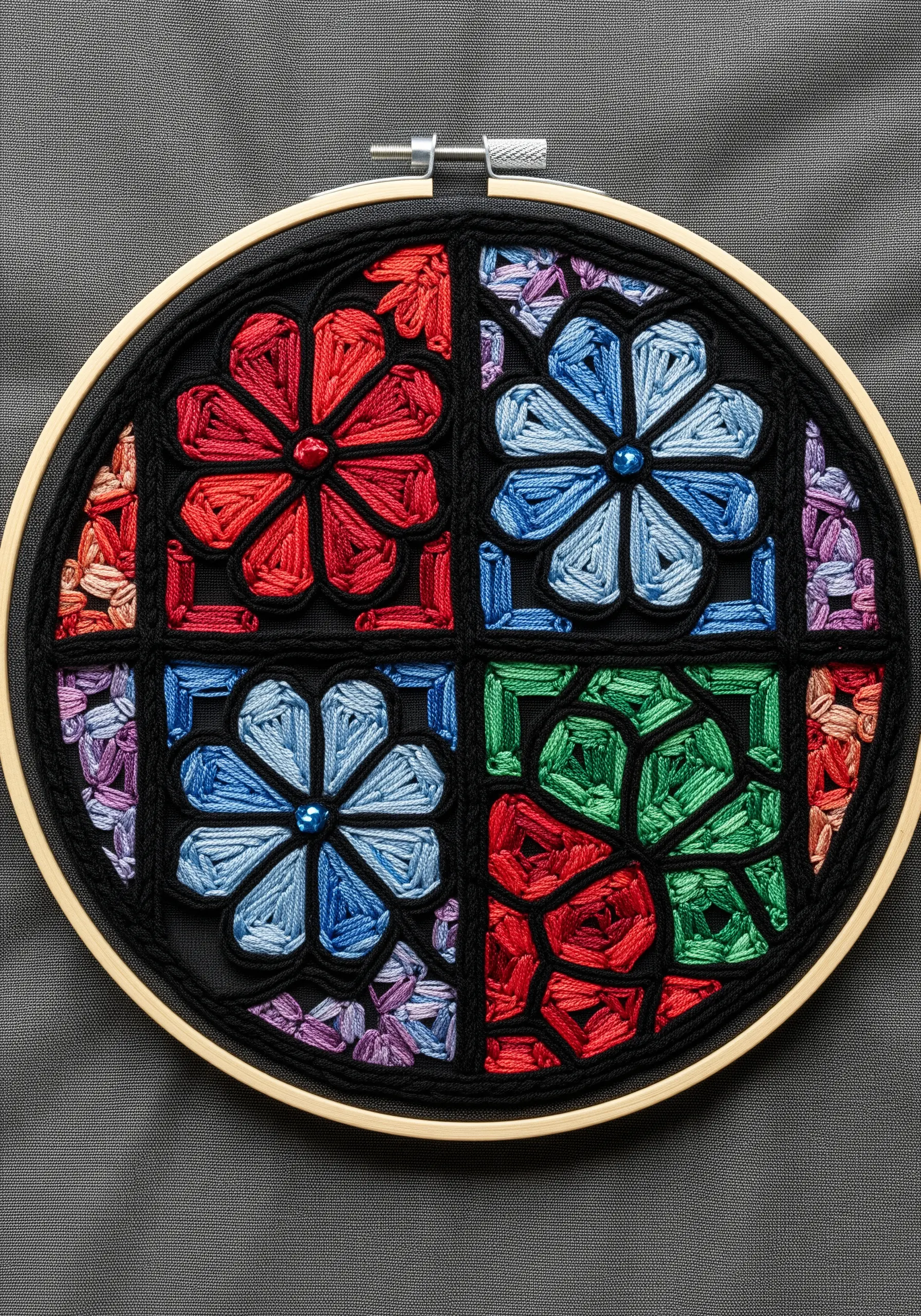 Embroidery hoop art mimicking a stained glass window with four colorful floral panels.