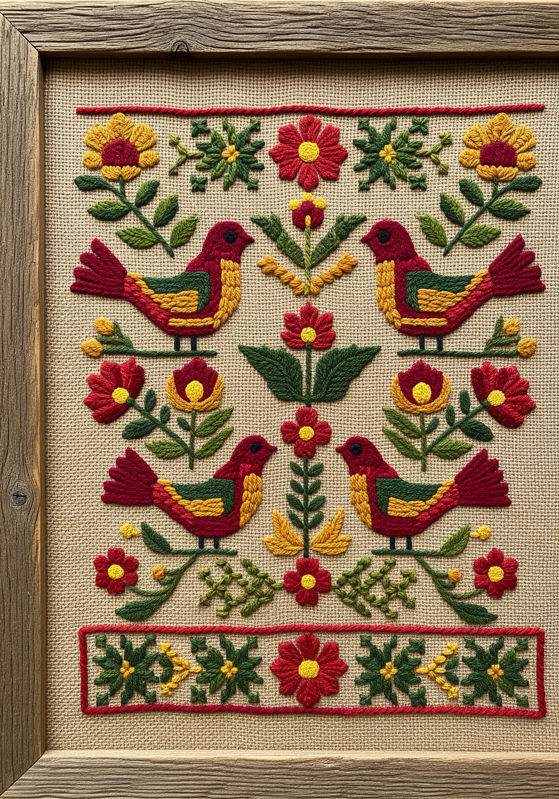 A symmetrical folk art embroidery design with birds and flowers in red, yellow, and green.