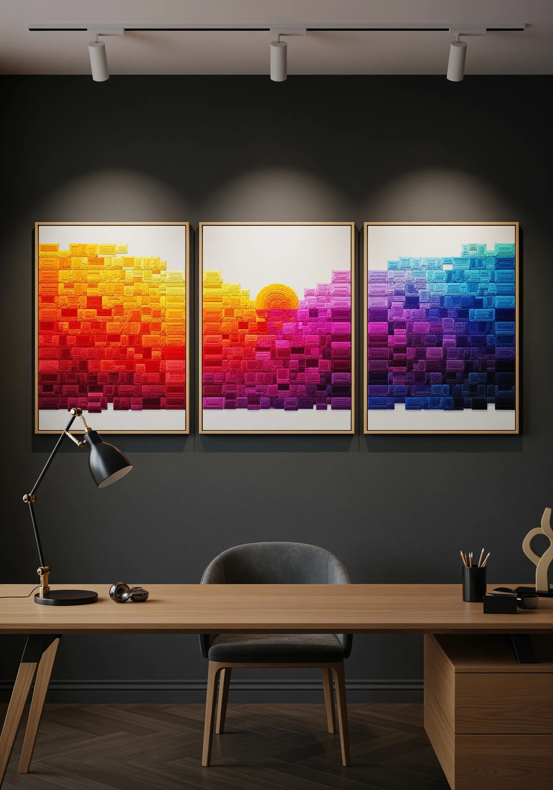 Triptych of framed embroidery with pixelated block gradients in warm, central, and cool tones.