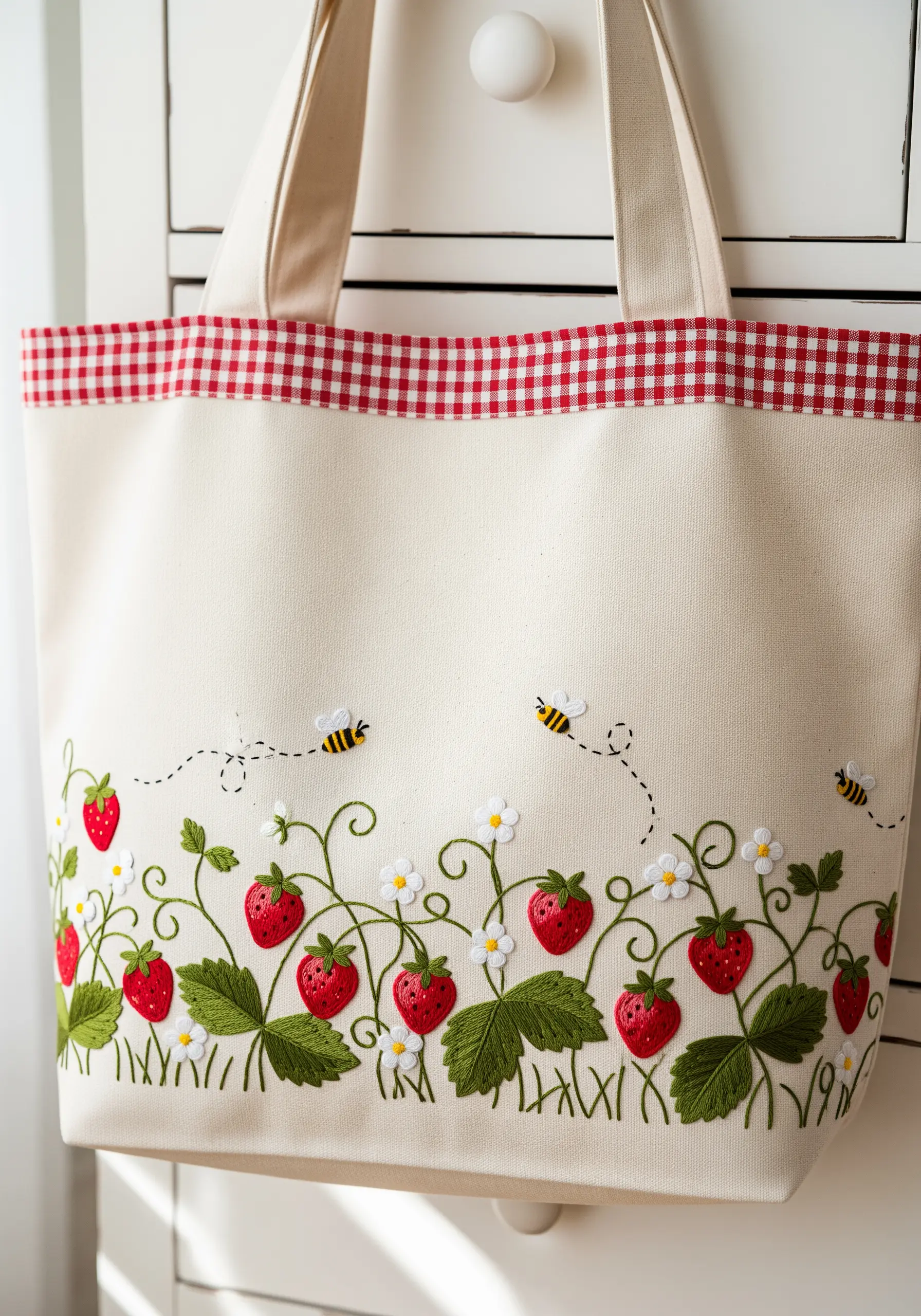 An embroidered border of strawberries, leaves, and buzzing bees on a tote bag.
