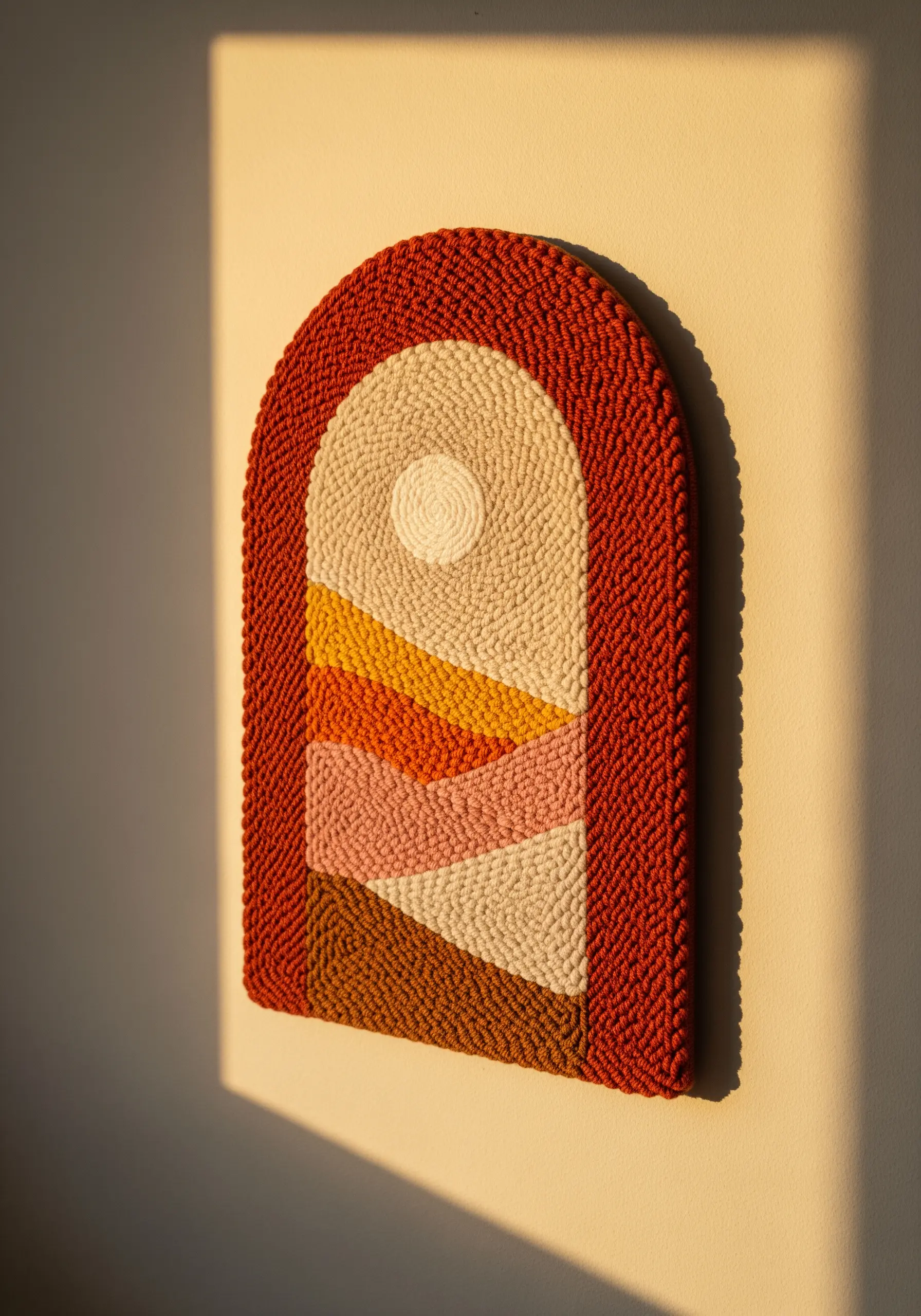 An arched punch needle wall hanging with a minimalist landscape in warm earth tones.