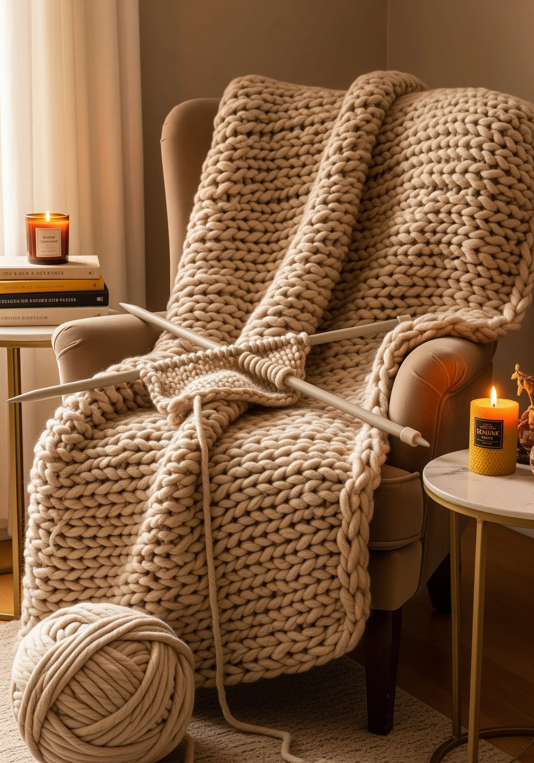 An oversized chunky knit blanket draped over an armchair next to a candle