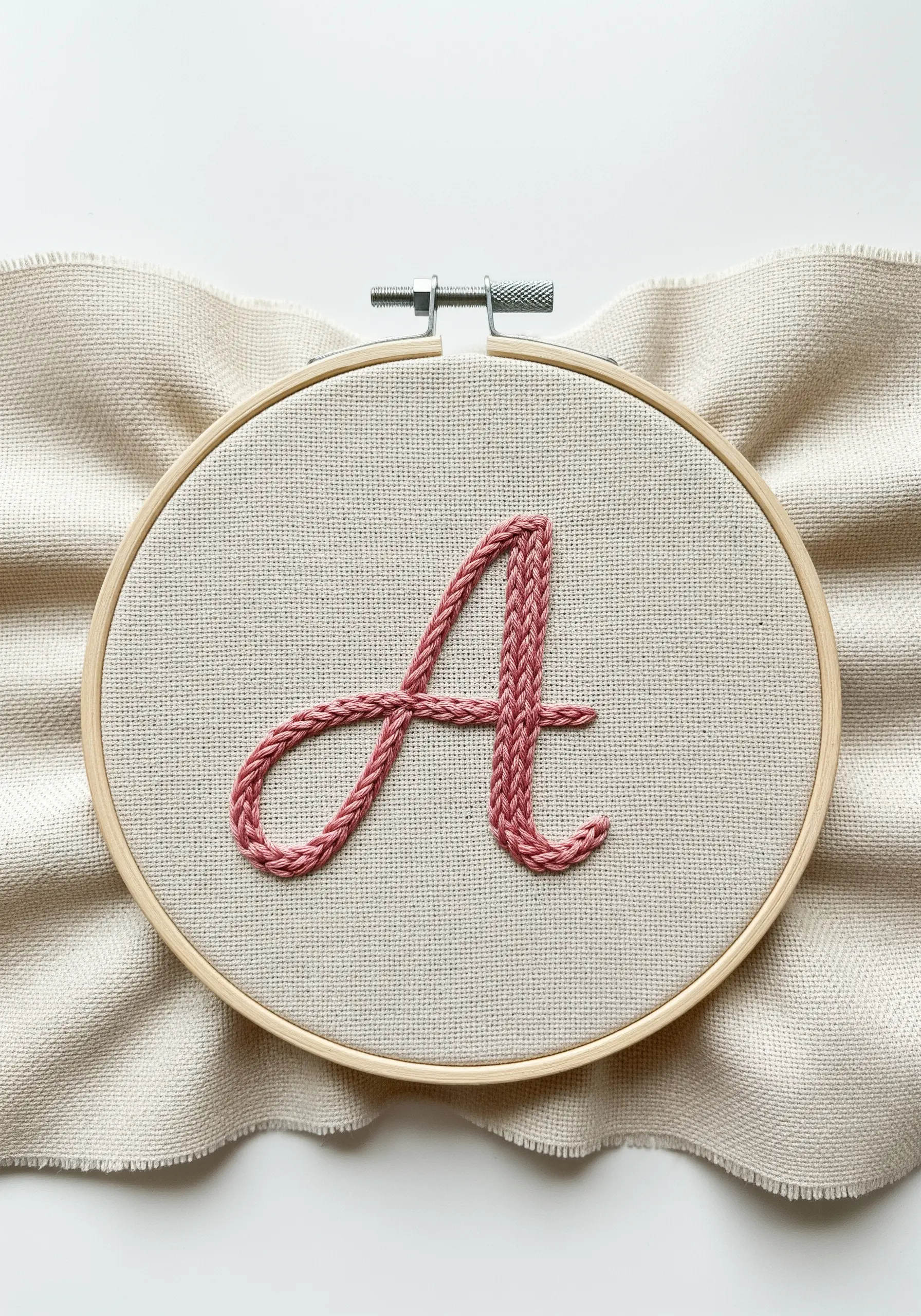An initial 'A' embroidered in pink using a dense chain stitch fill.