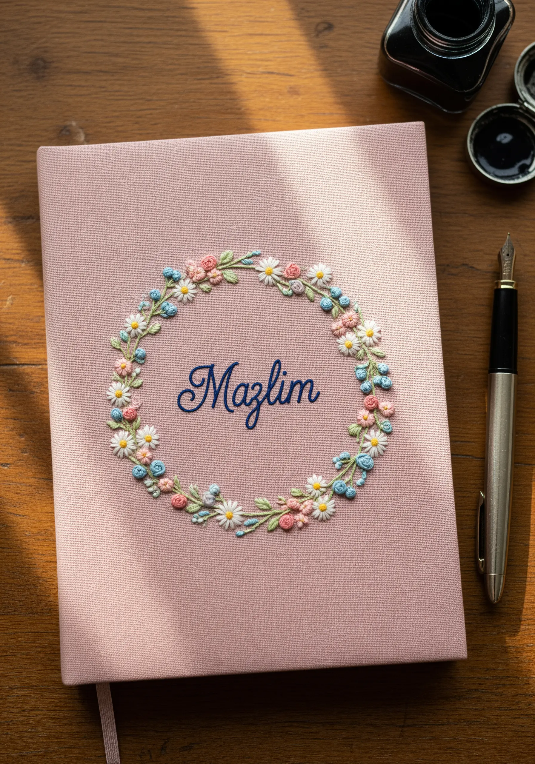 A pink journal with a personalized name inside a 3D embroidered floral wreath.