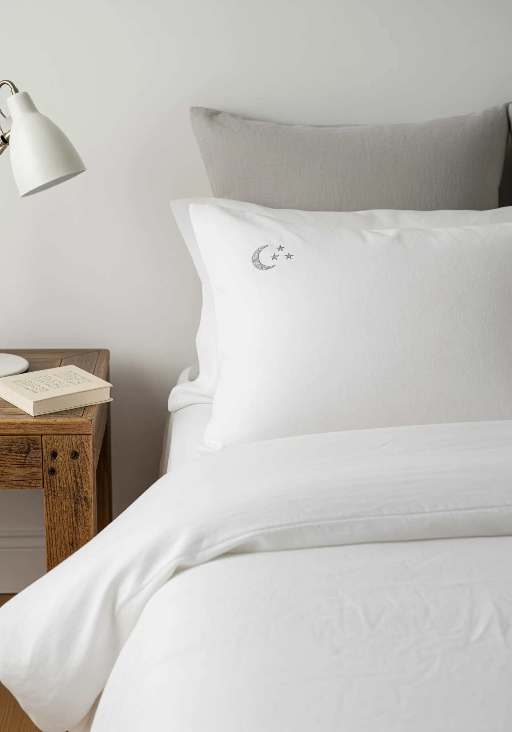 Tiny silver-gray moon and stars embroidered on the corner of a crisp white pillowcase.