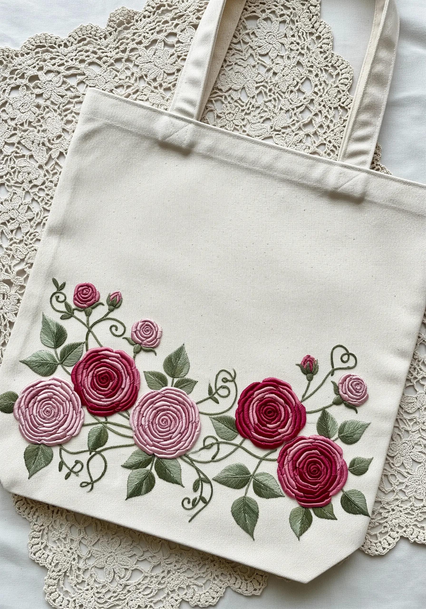 Embroidered climbing roses made with woven wheel stitch on a canvas tote bag.